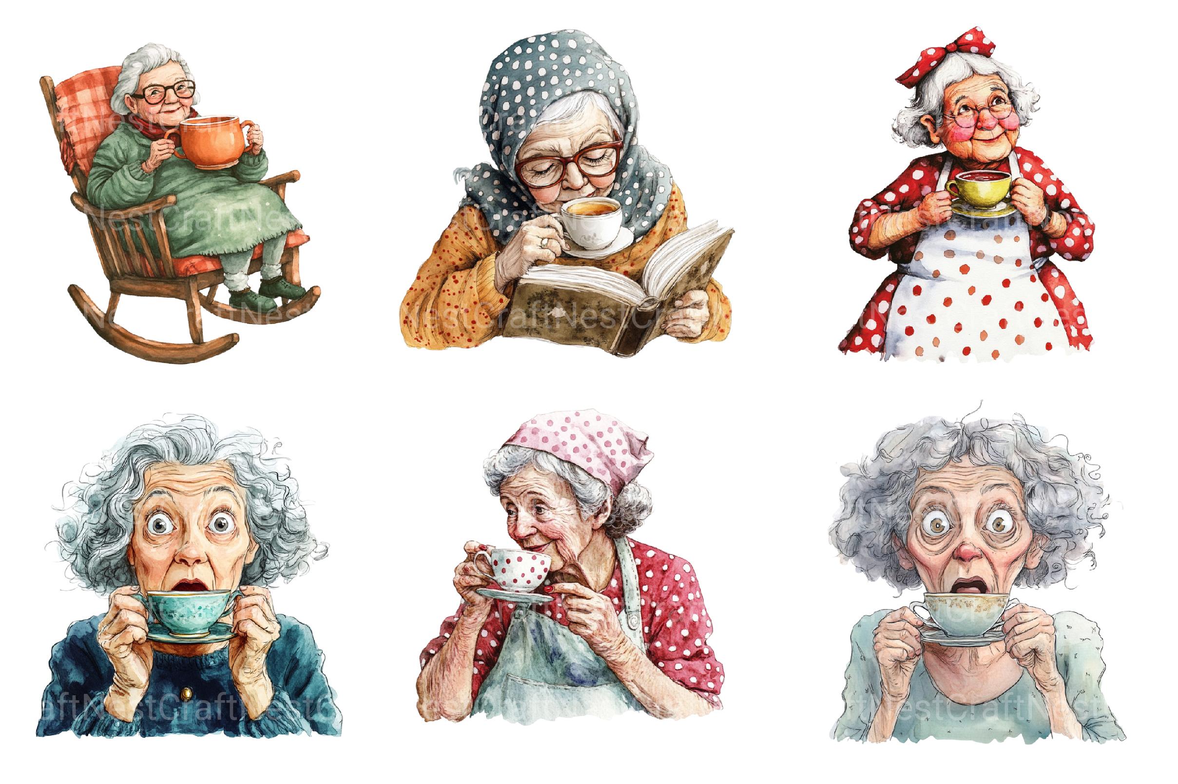 Quirky Old Lady Drinks Tea Clipart