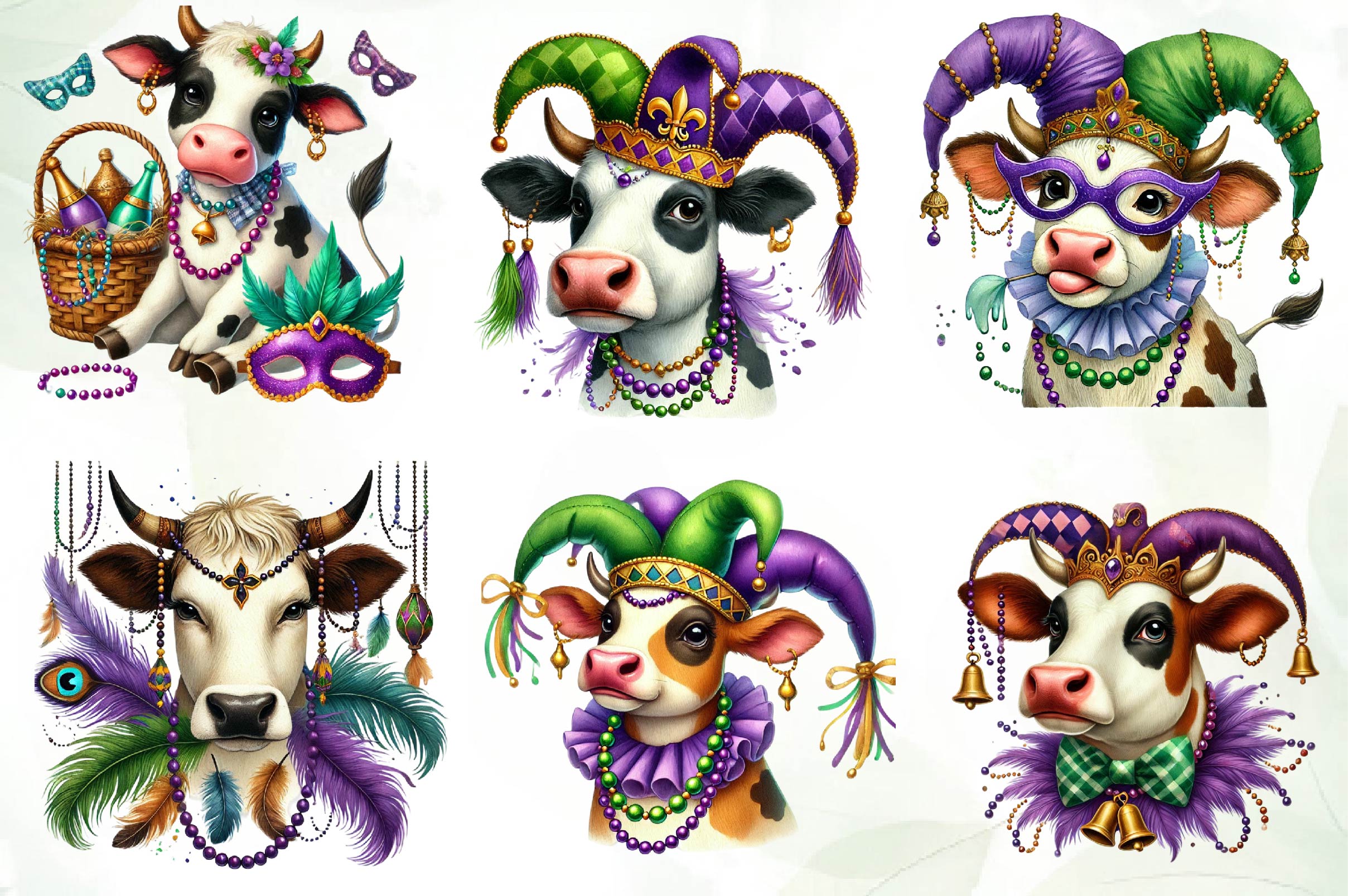 Mardi Gras Cow Clipart Bundle
