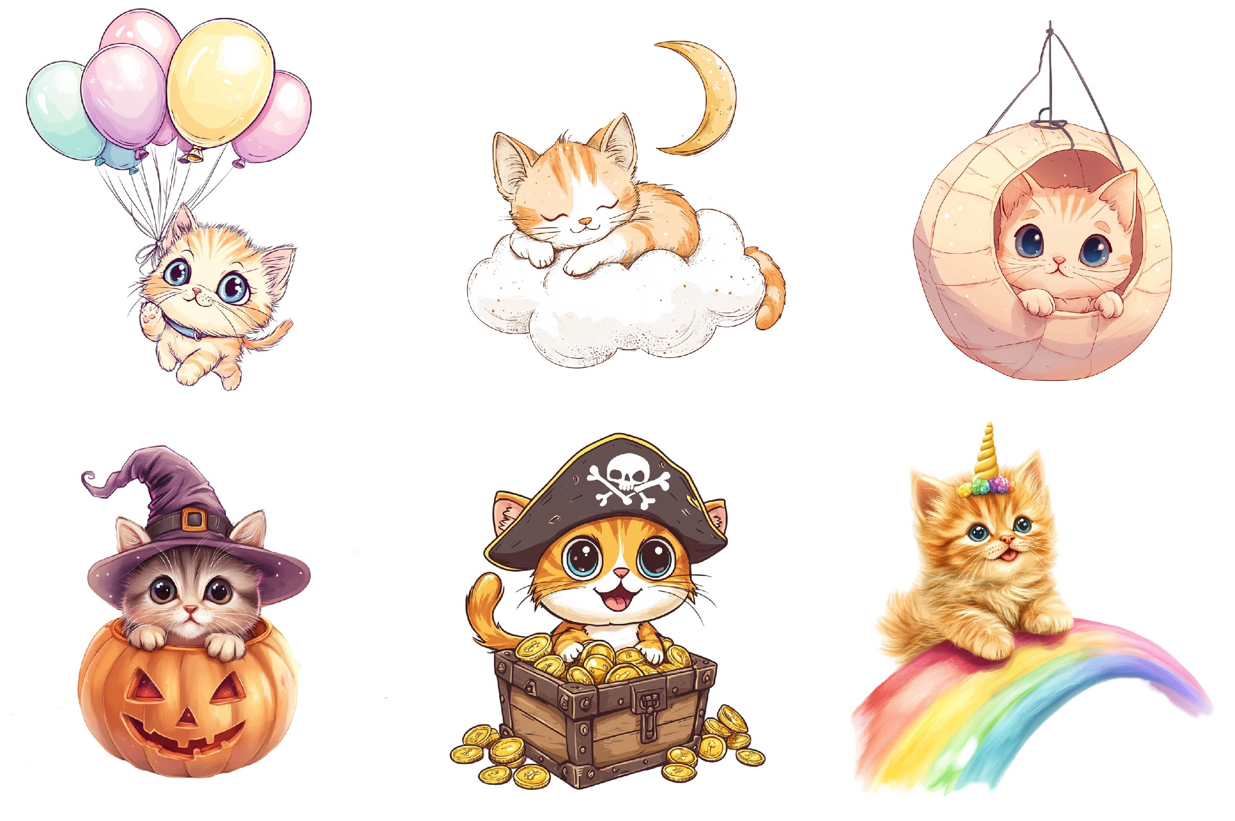 Quirky Whimsical Kitten Clipart Bundle