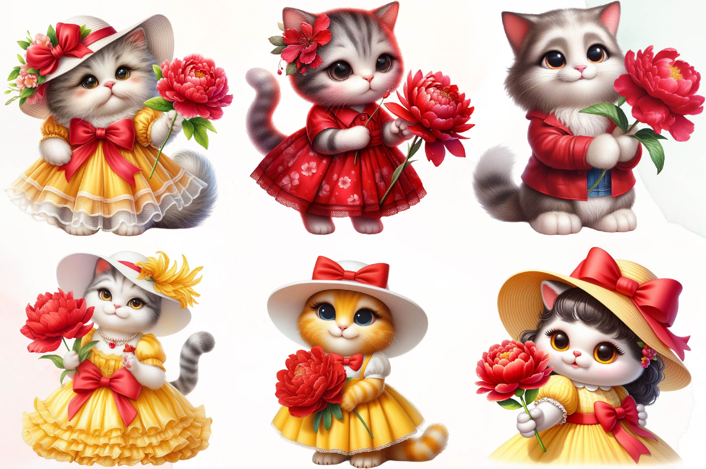 Cat Spring Flowers Clipart Bundle