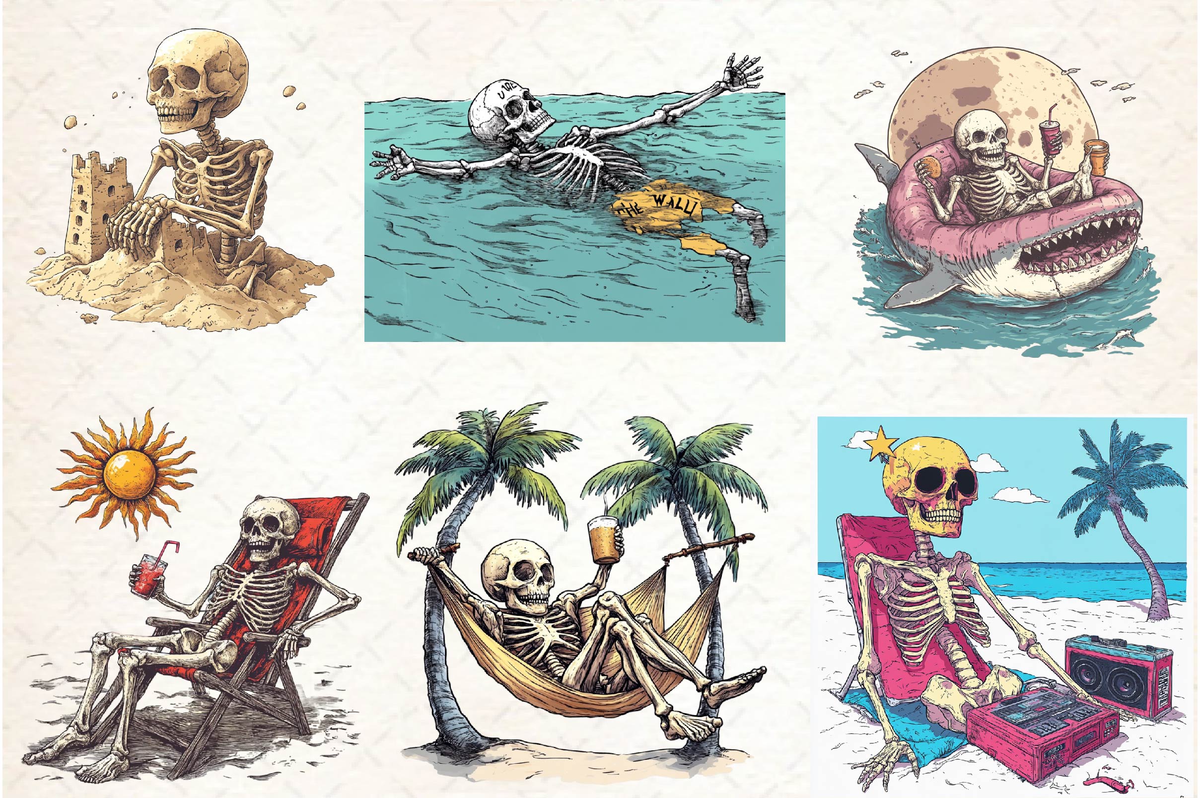 Funny Summer Skeleton Clipart Bundle