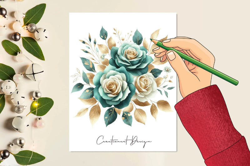 Teal And Gold Roses Clipart Bundle - CraftNest - Digital Crafting and Art