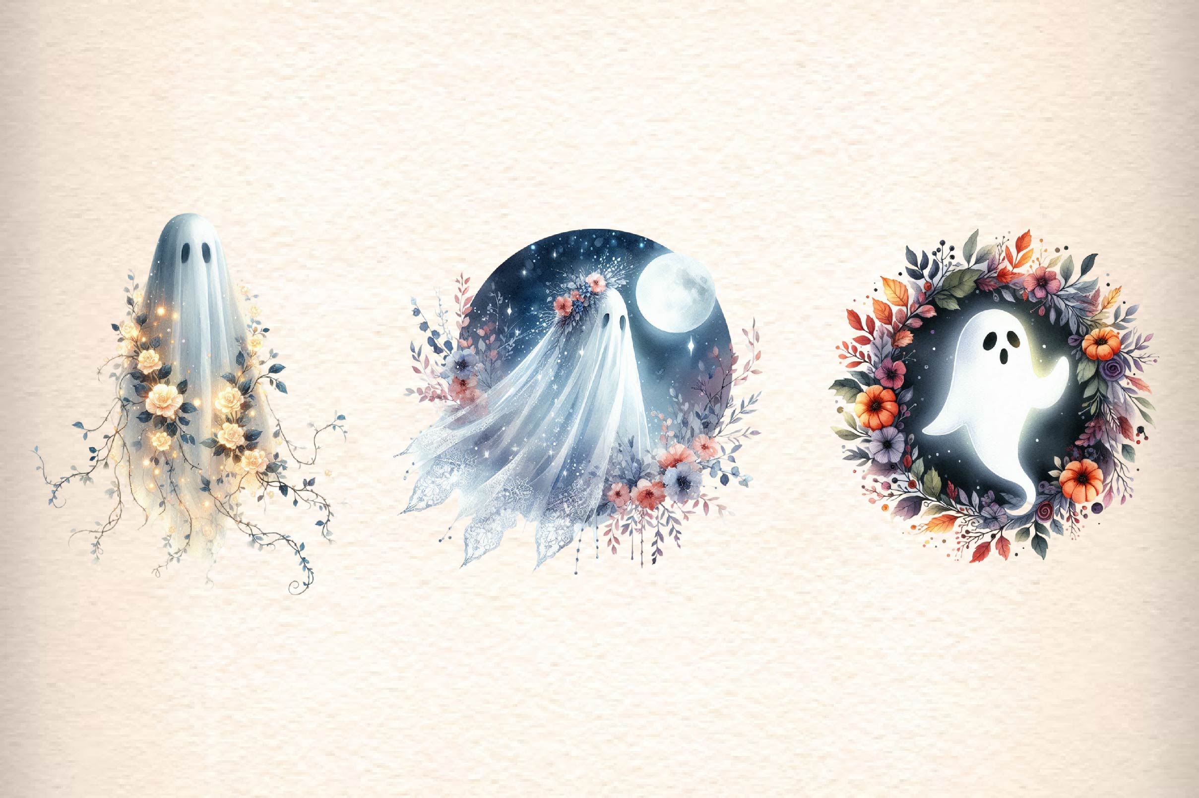 Halloween Floral Ghost Clipart Bundle