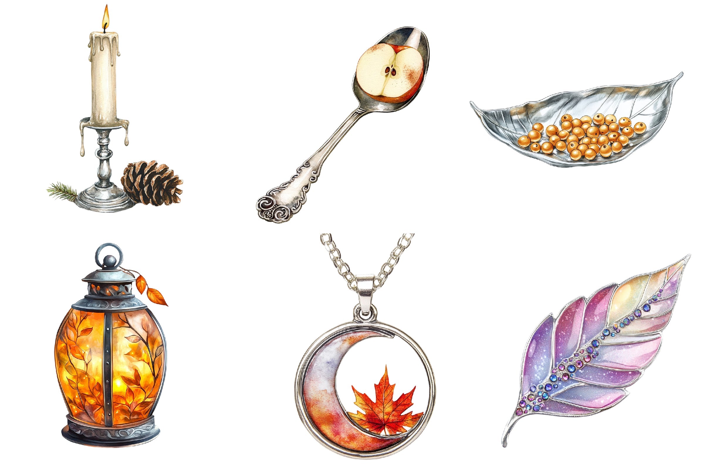 Silver Vintage Aesthetic Autumn Clipart Bundle