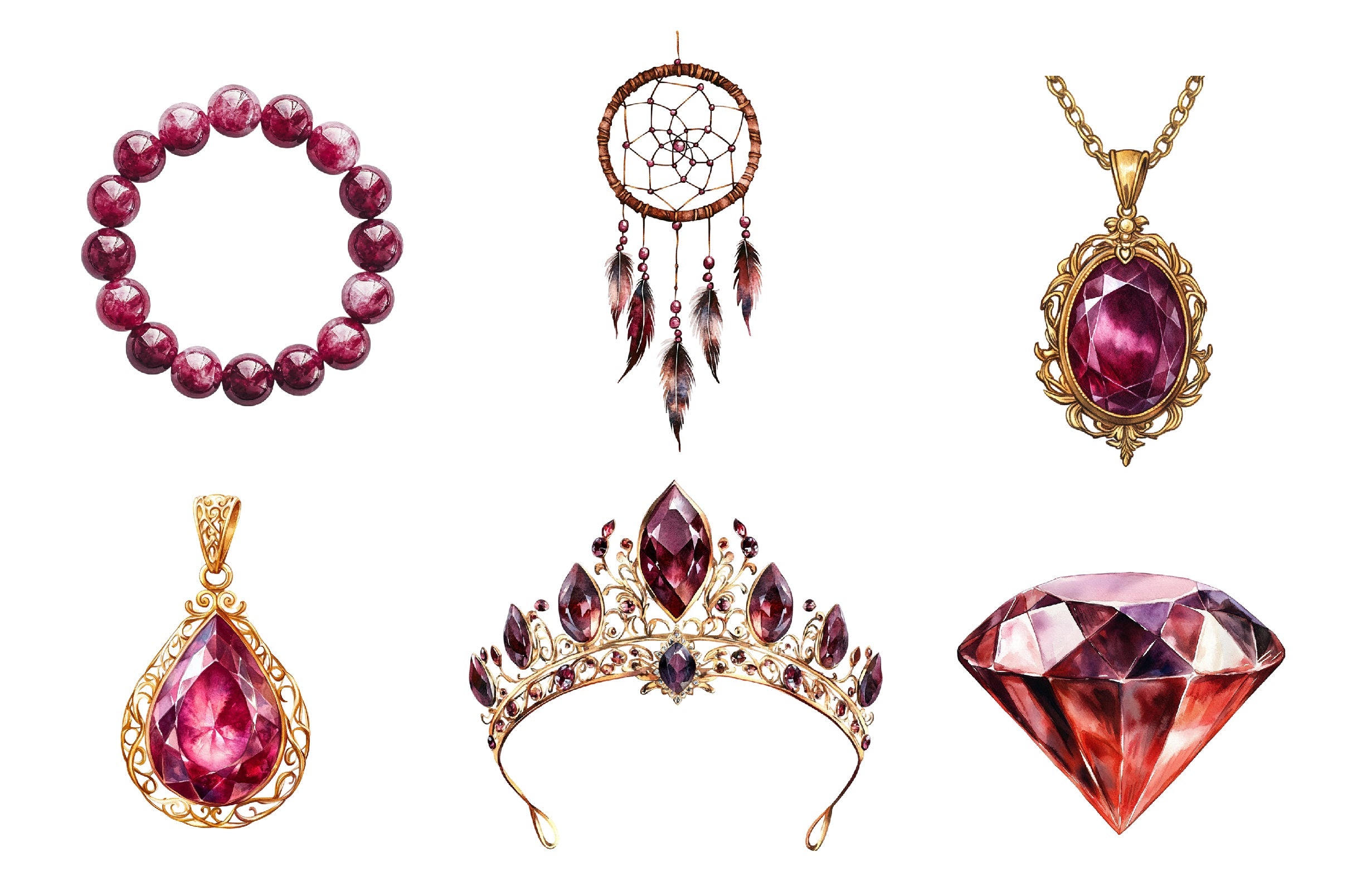 Burgundy Crystals And Gems Clipart Bundle