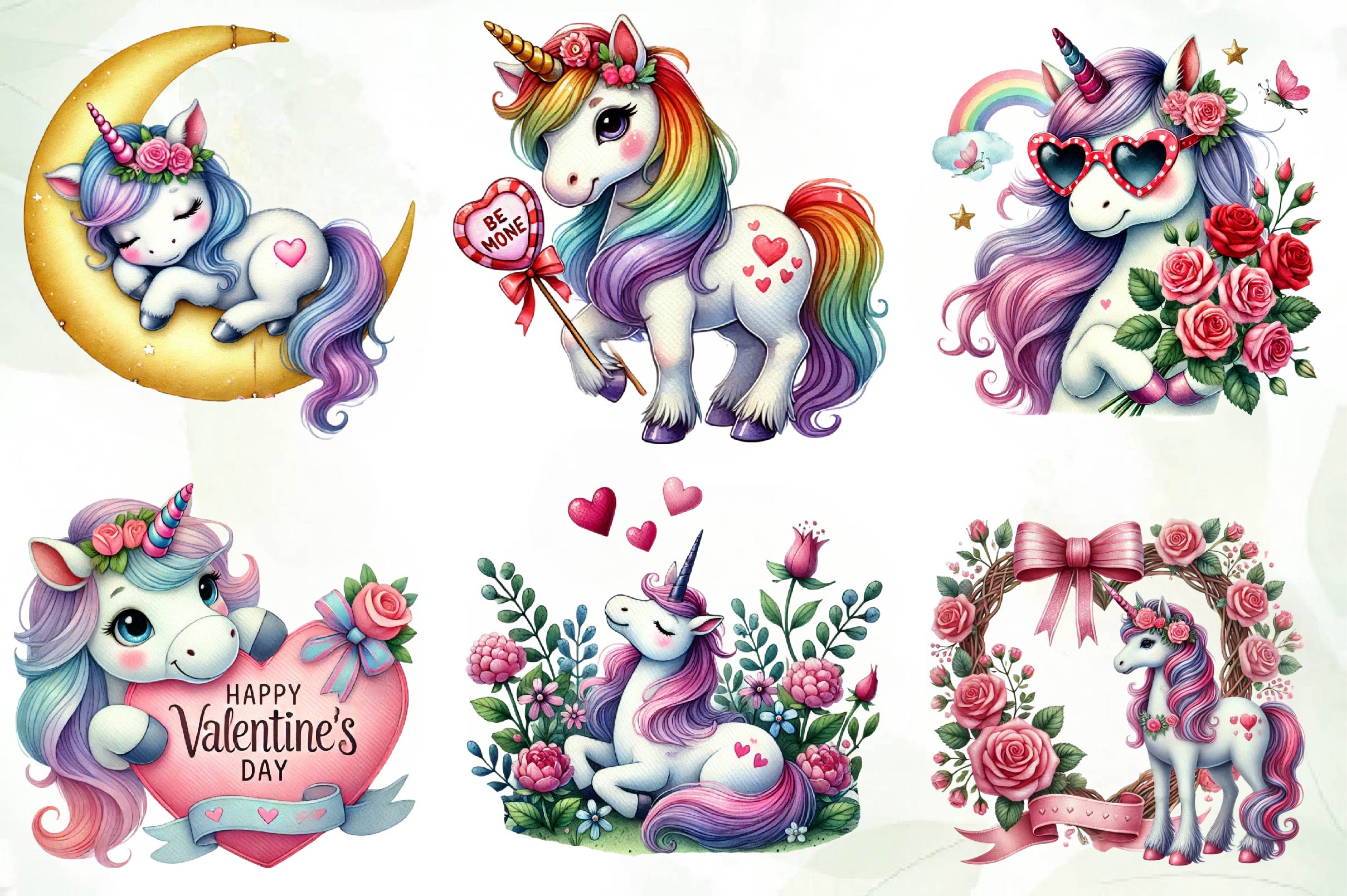 Cute Valentines Day Unicorn Clipart Bundle