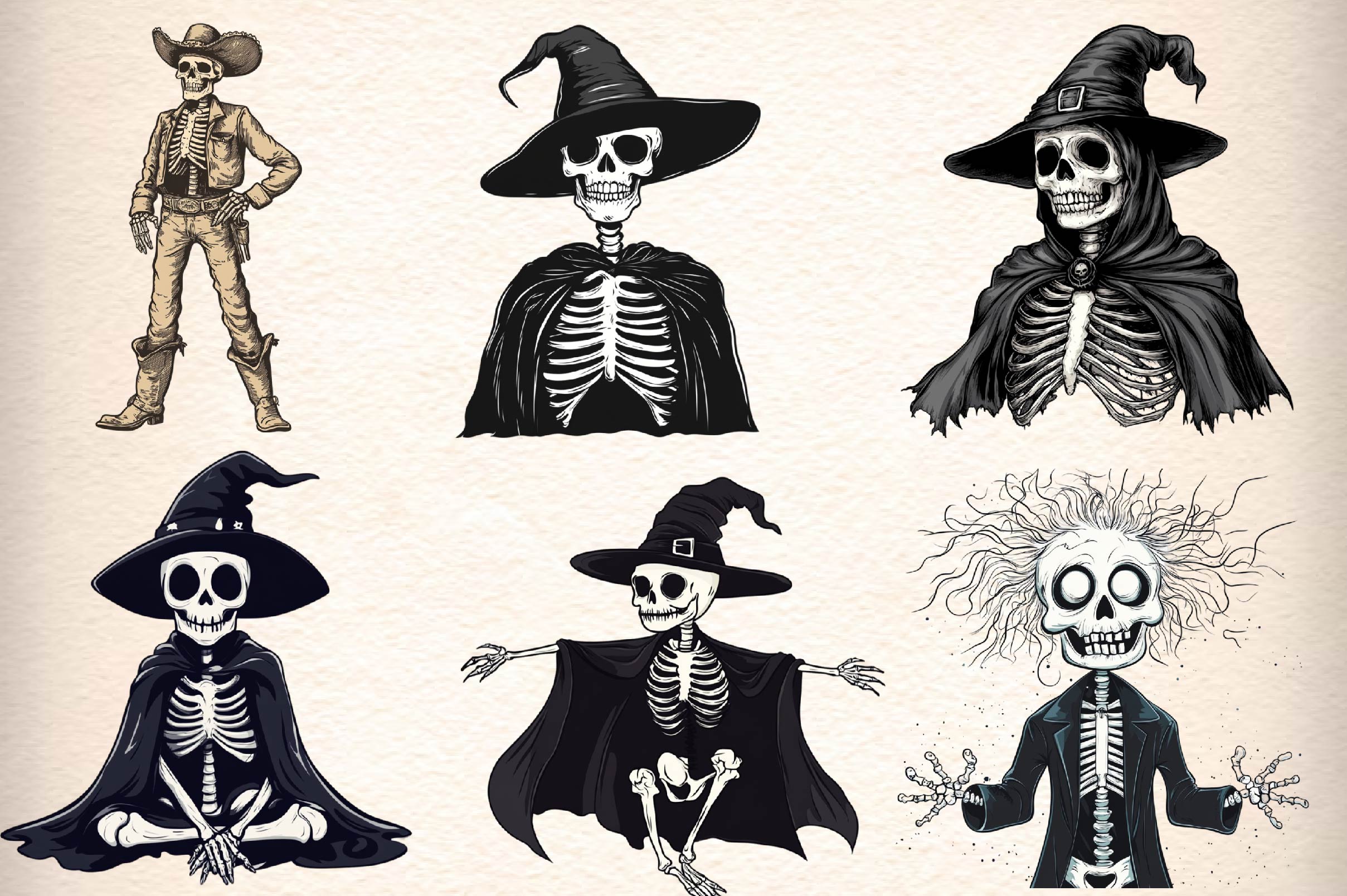 Funny Halloween Skeletons Clipart Bundle