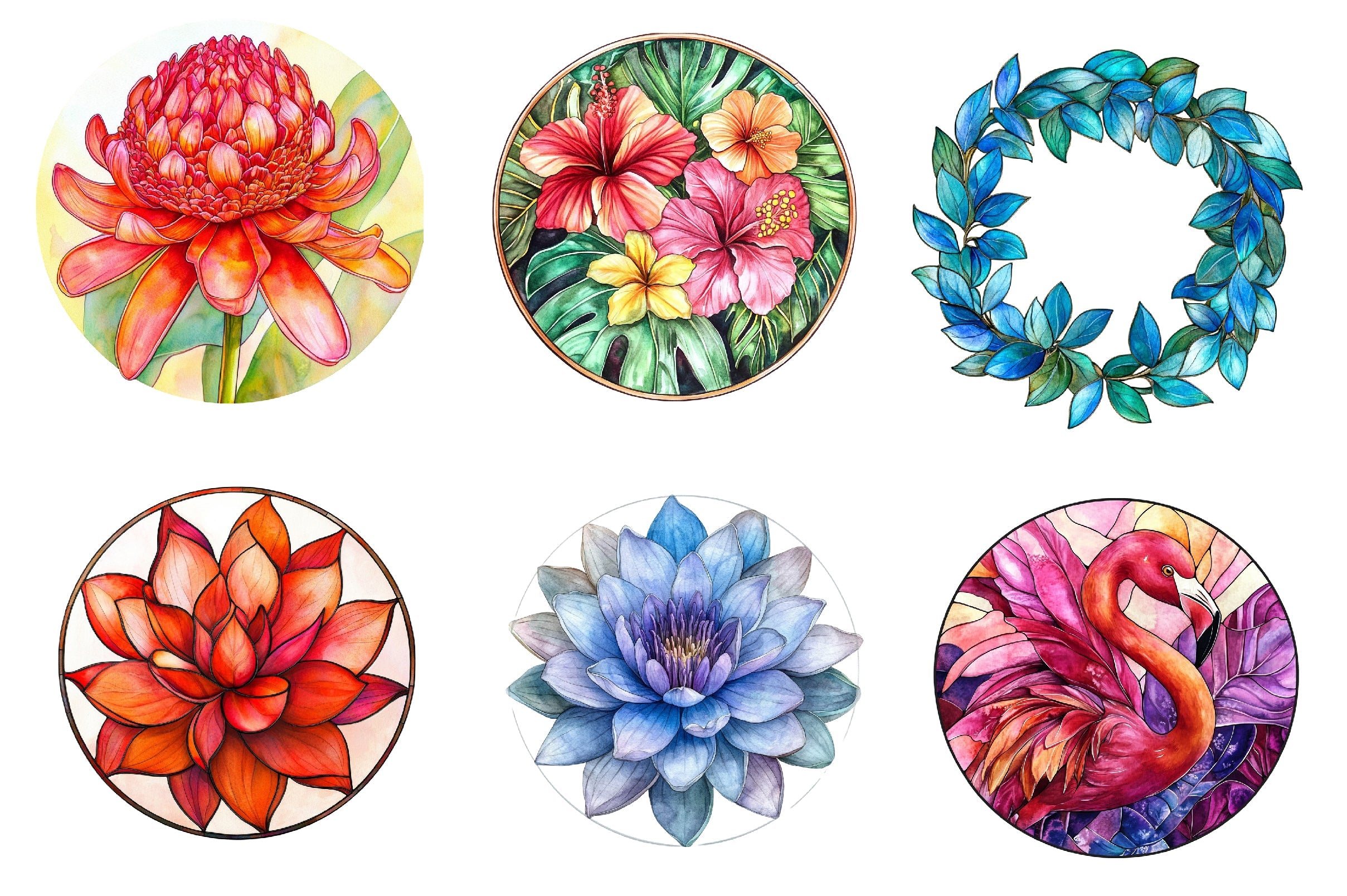 Round Stained Glass Tropical Flowers Clipart Bundle