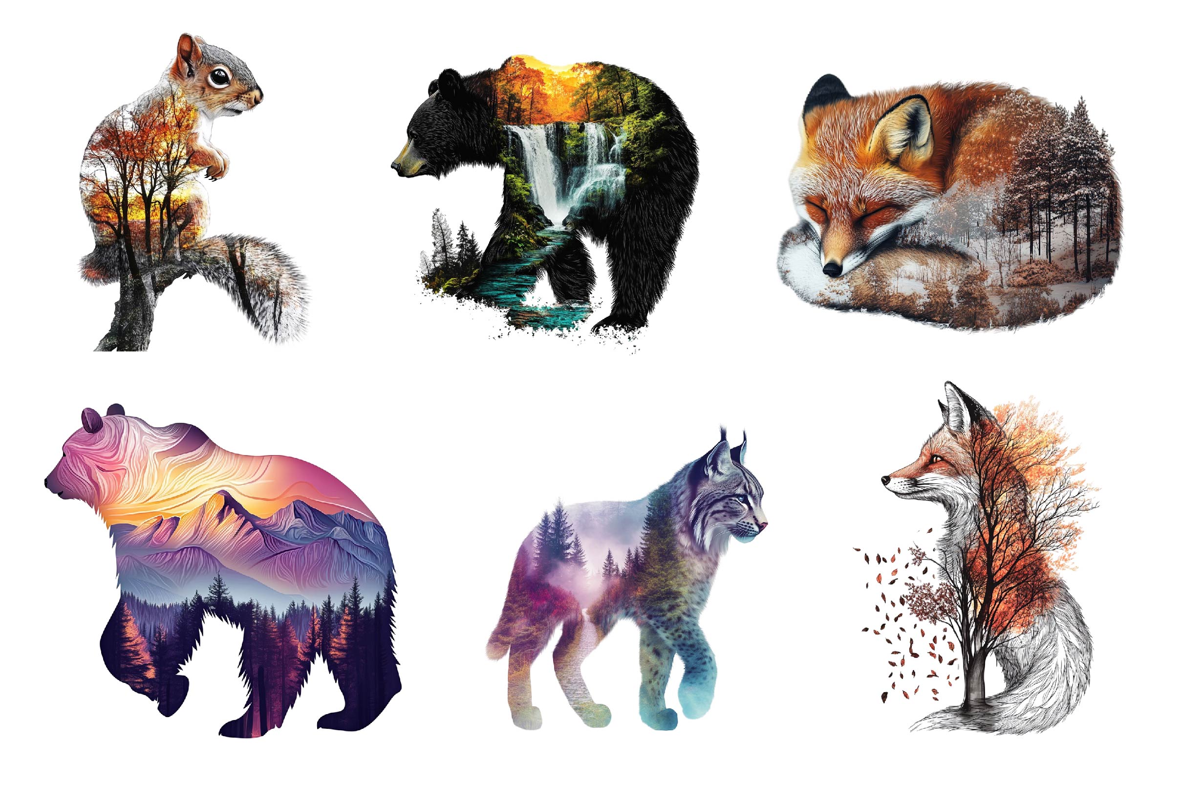 Double Exposure Woodland Animals Clipart Bundle 1