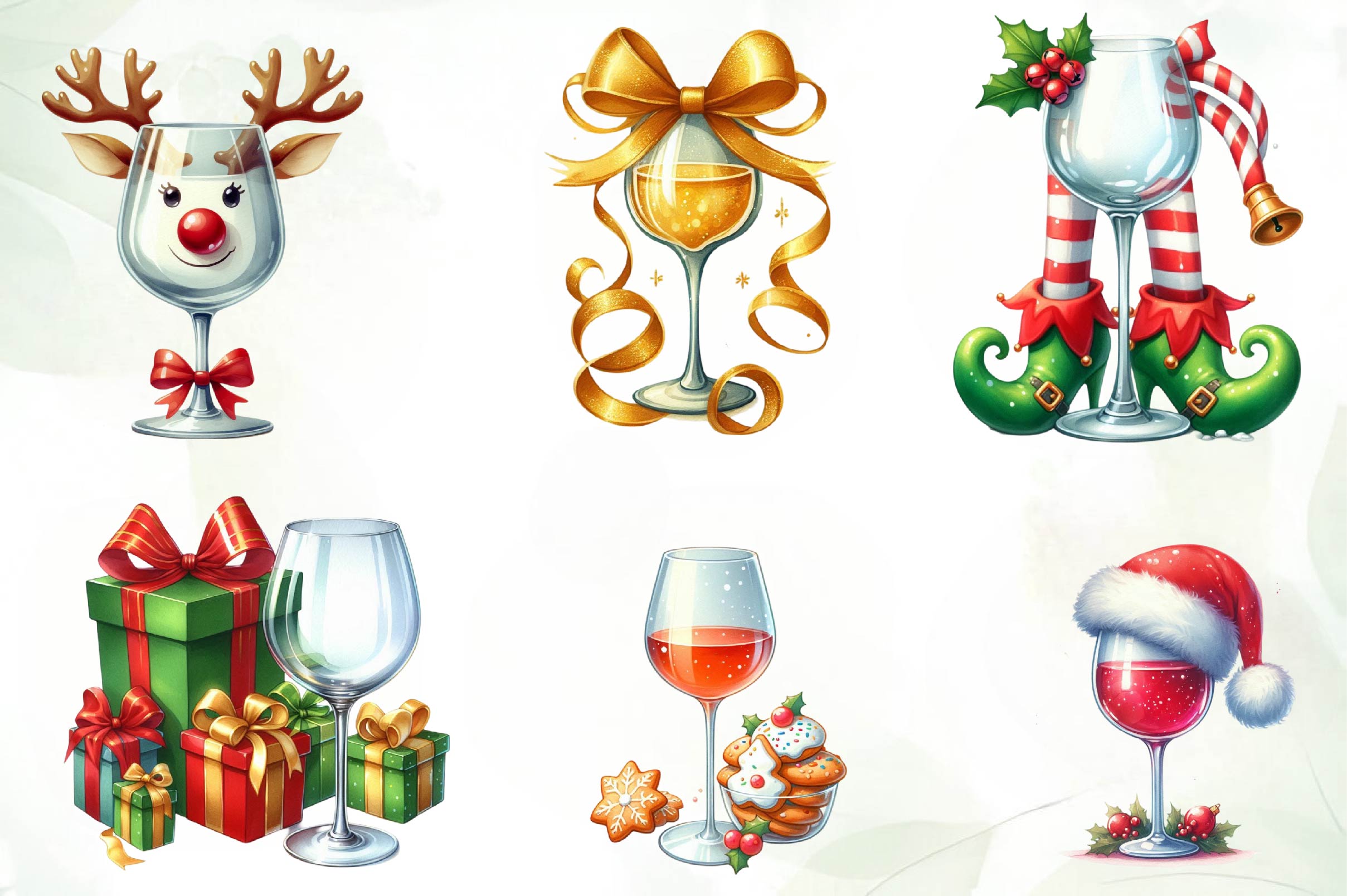 Christmas Wine Glasses Clipart Bundle