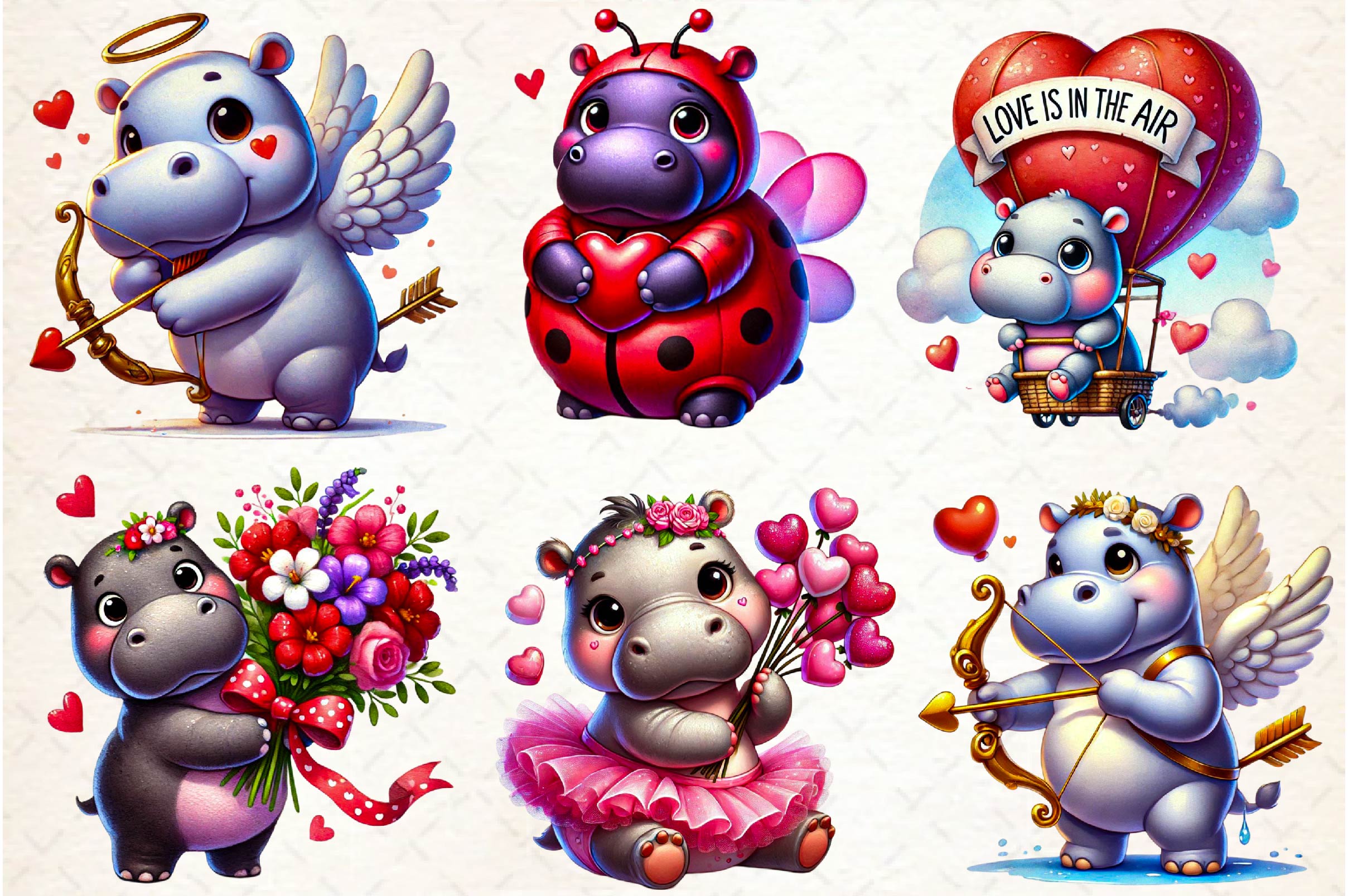 Cute Valentine Hippo Clipart Bundle