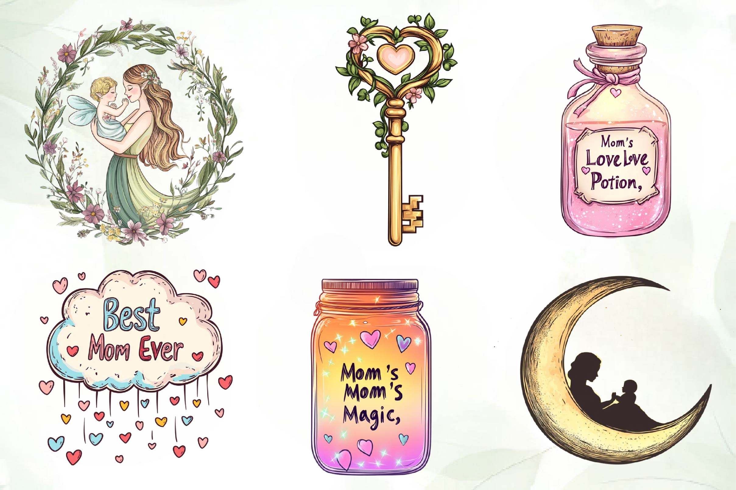 Whimsical Mothers Day Art Set Clipart Bundle