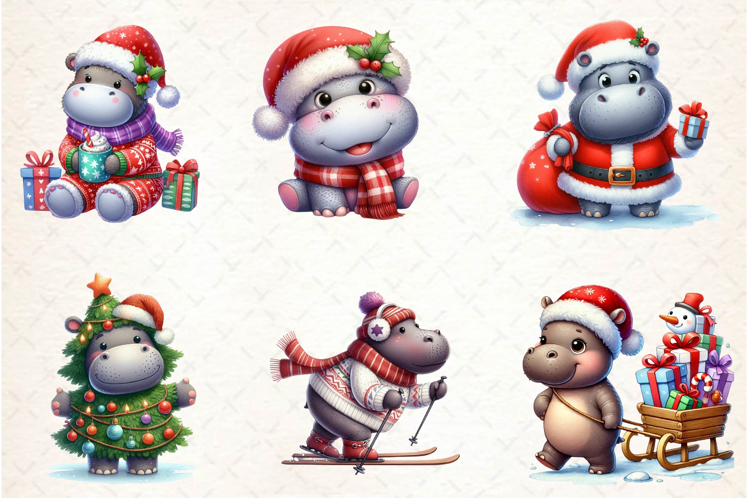 Christmas Hippo Clipart Bundle