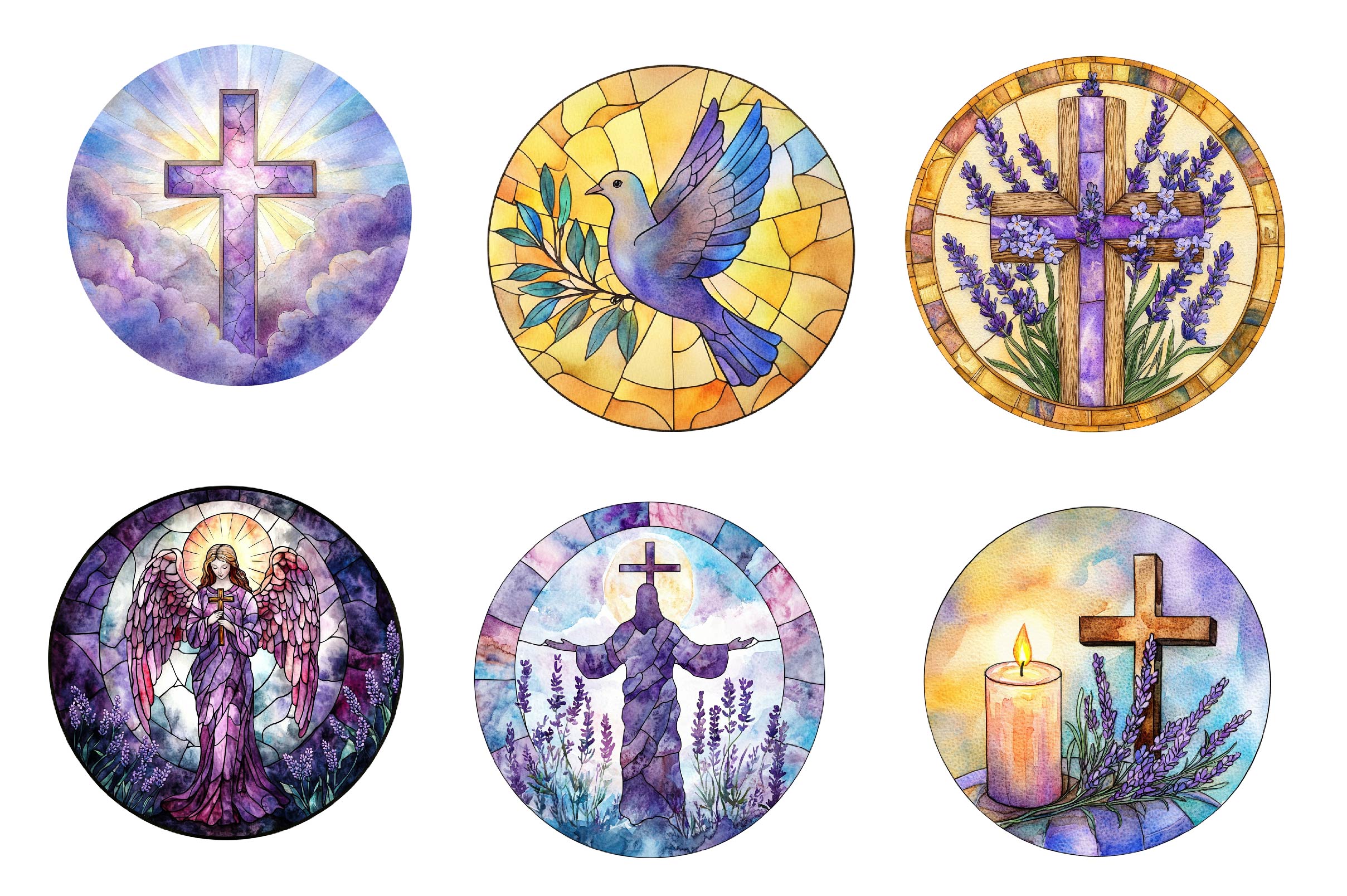 Round Lavender Blessing & Cross Stained Glass Clipart Bundle