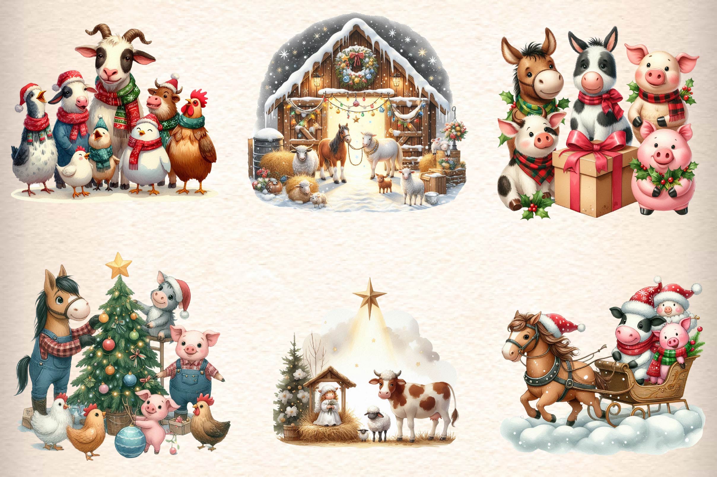 Christmas Of Group Farm Animals Clipart Bundle