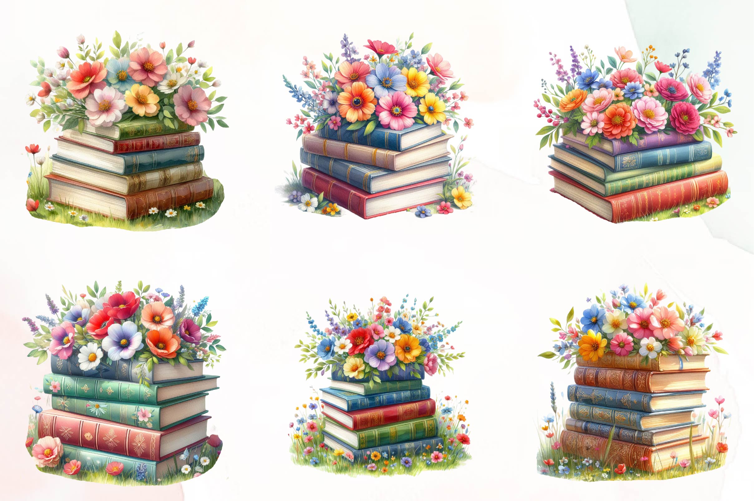 Spring Flower Book Stack Clipart Bundle