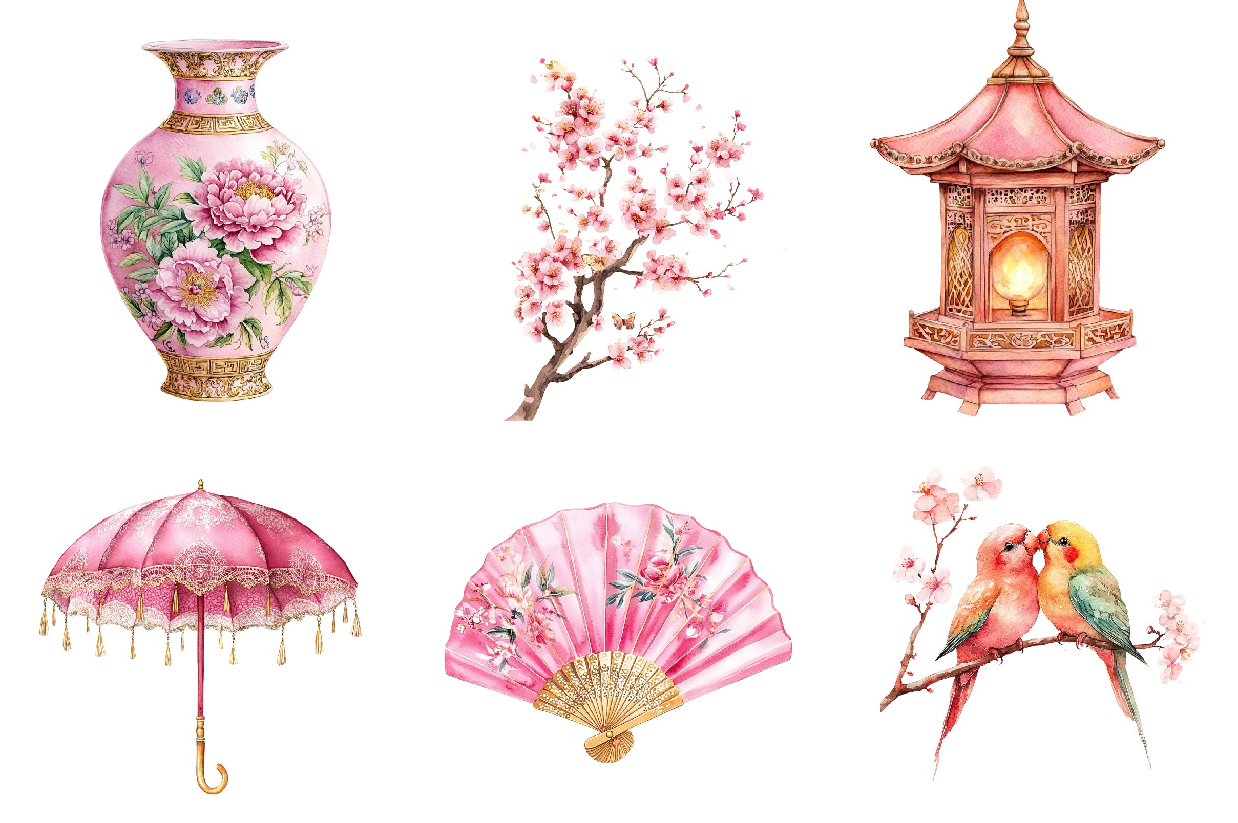 Pink Chinoiserie Summer Clipart Bundle 1