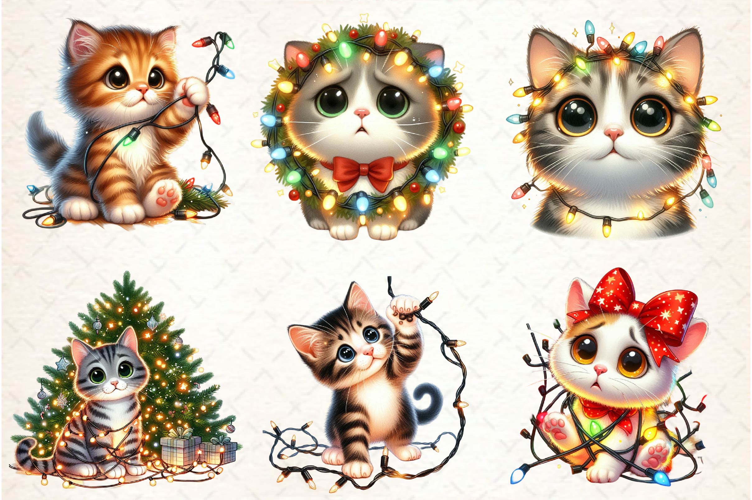 Surprised Cat Christmas Lights Clipart Bundle