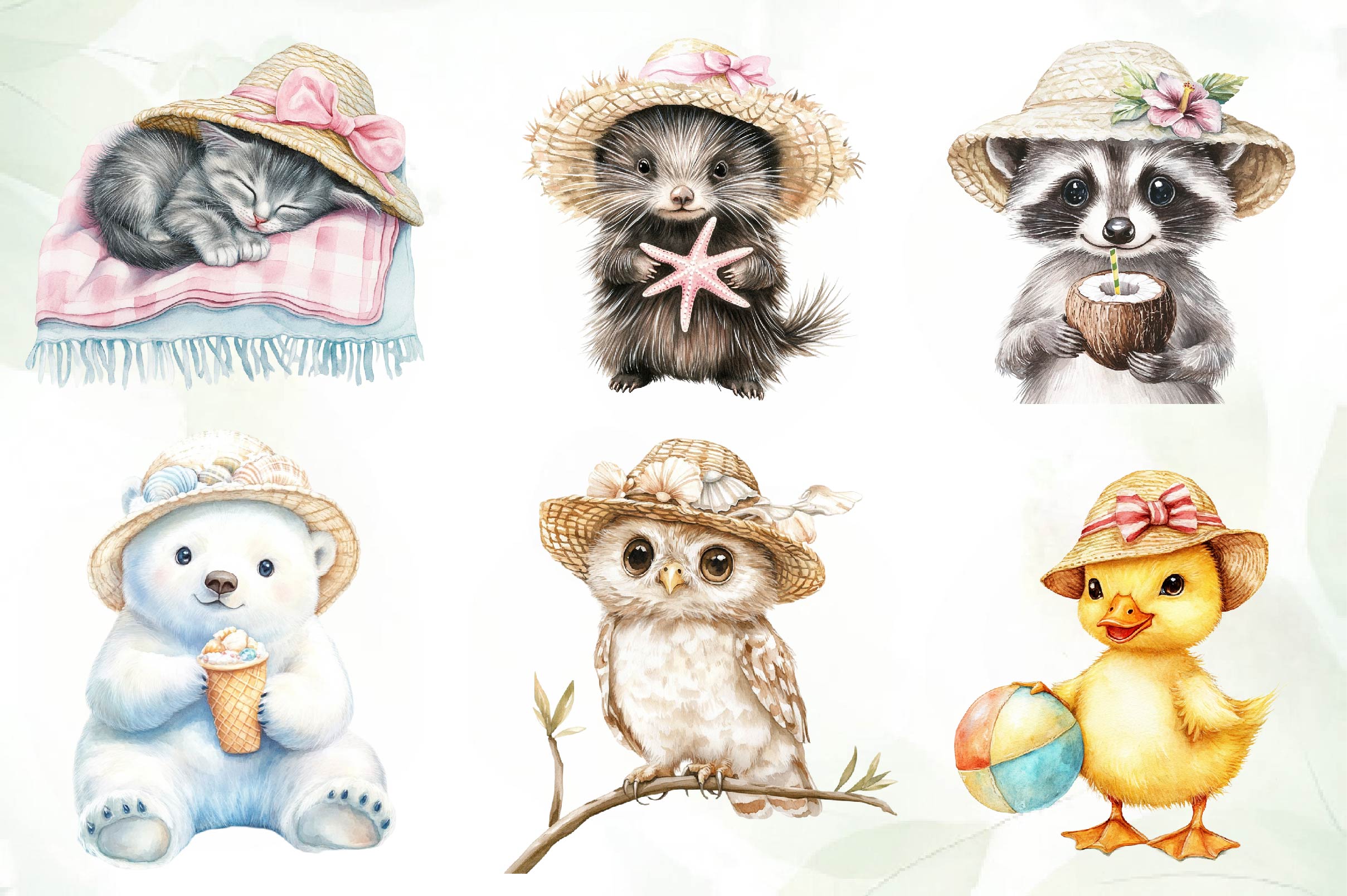Baby Animals In Summer Hat Clipart Bundle