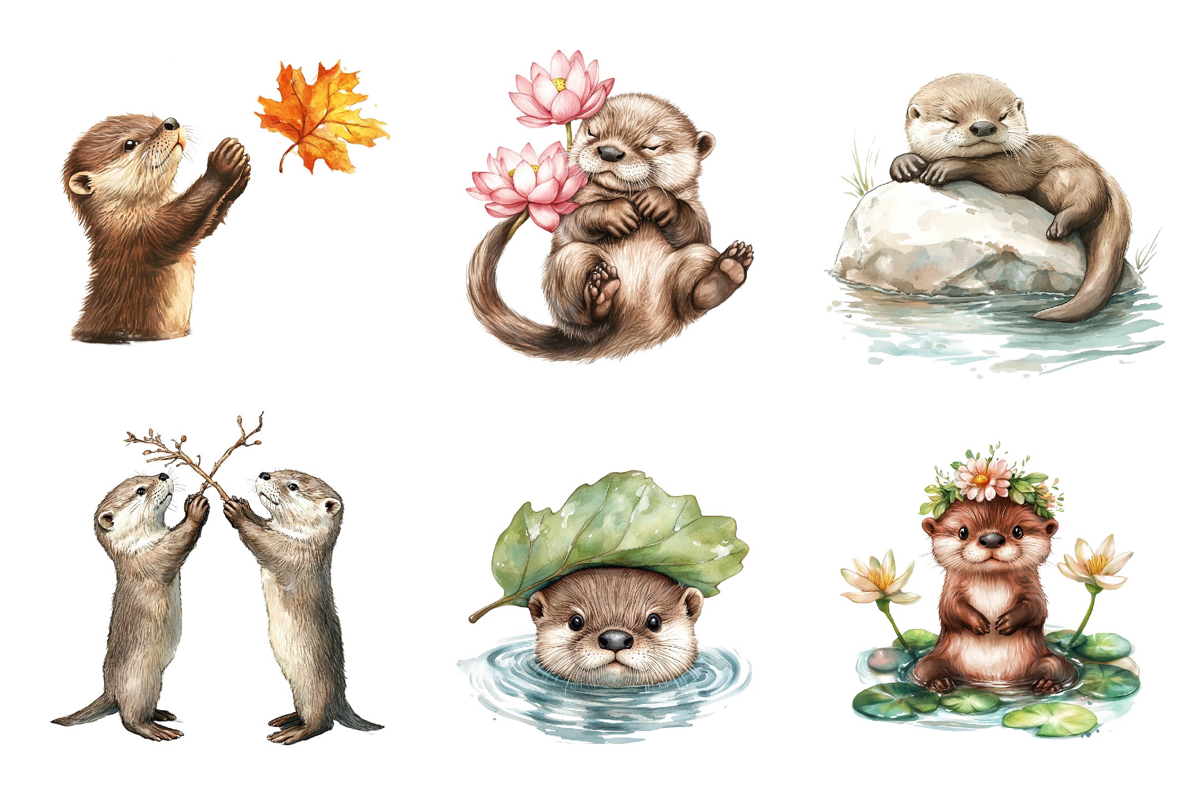 Playful Otter Pups Clipart Bundle