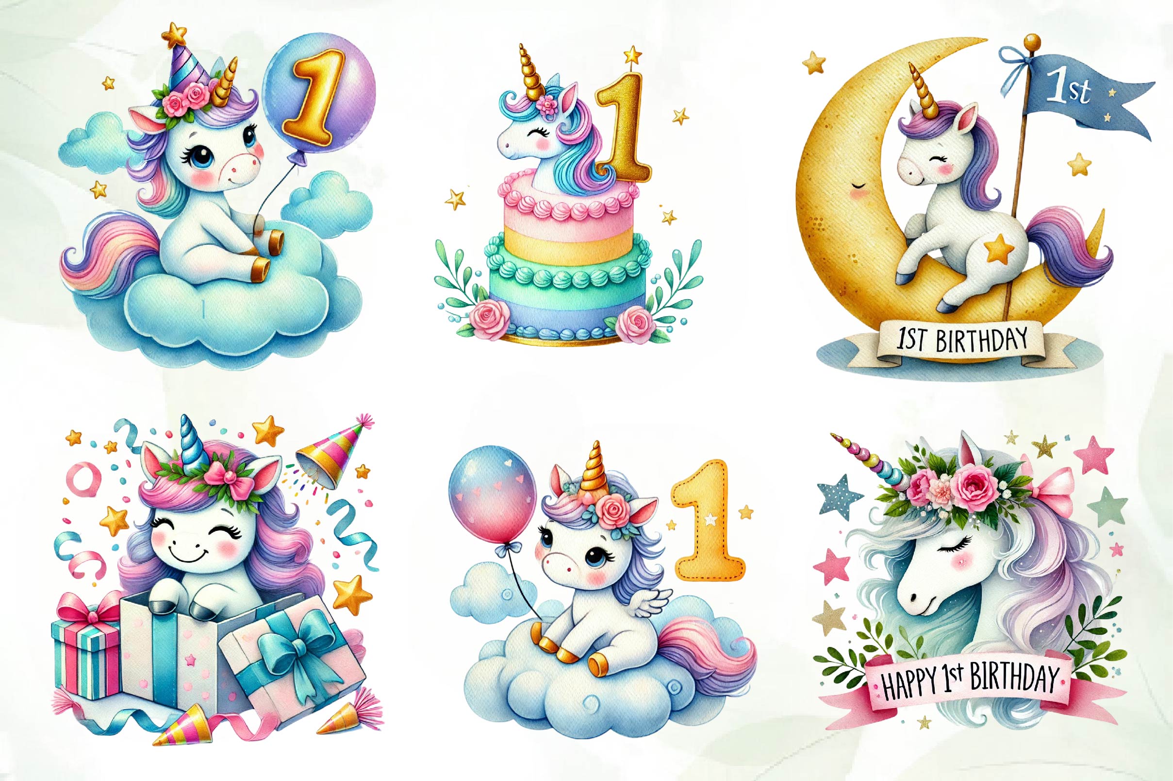 Unicorn First Birthday Party Clipart Bundle