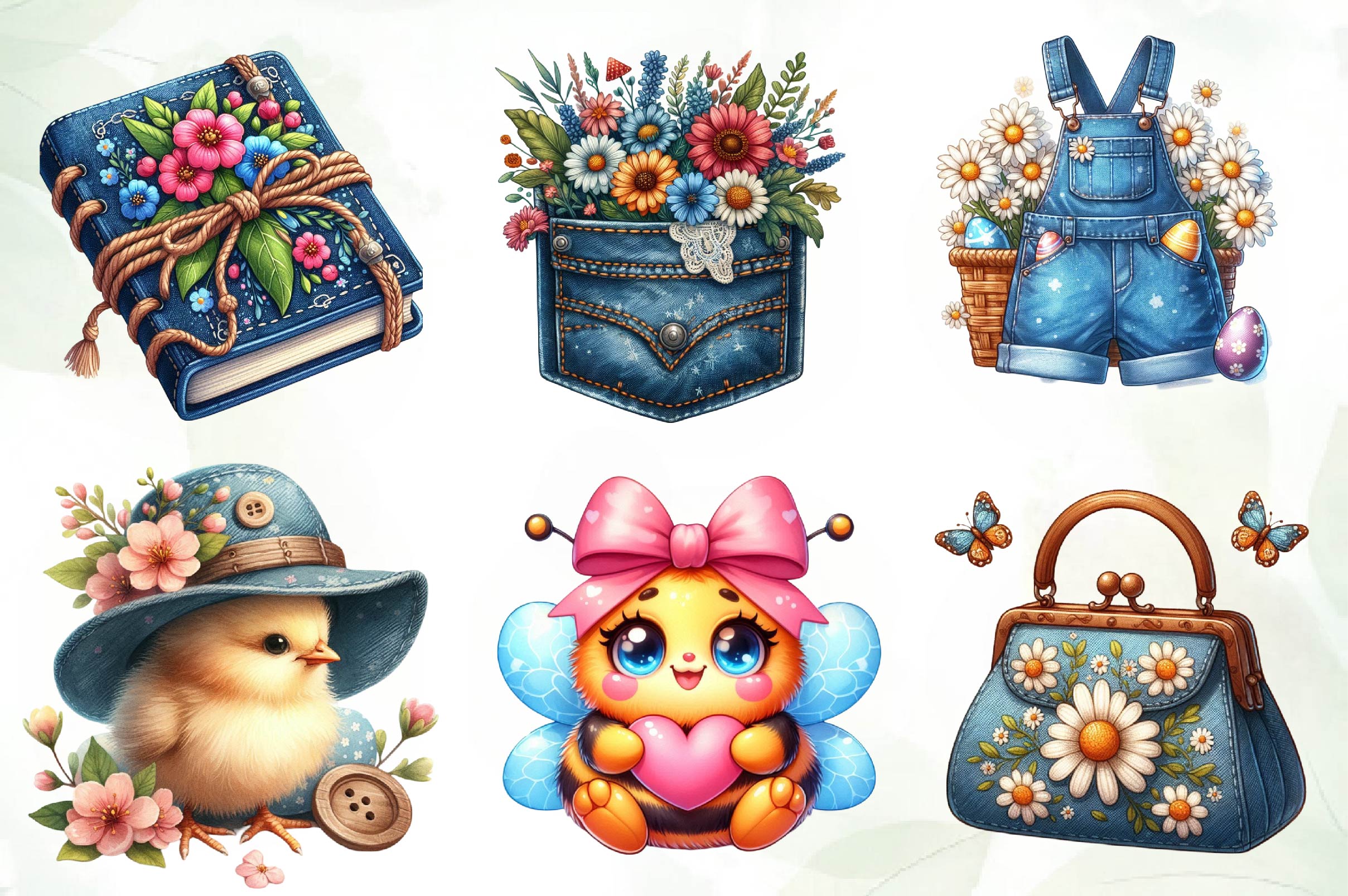 Vintage Denim Spring Clipart Bundle 1