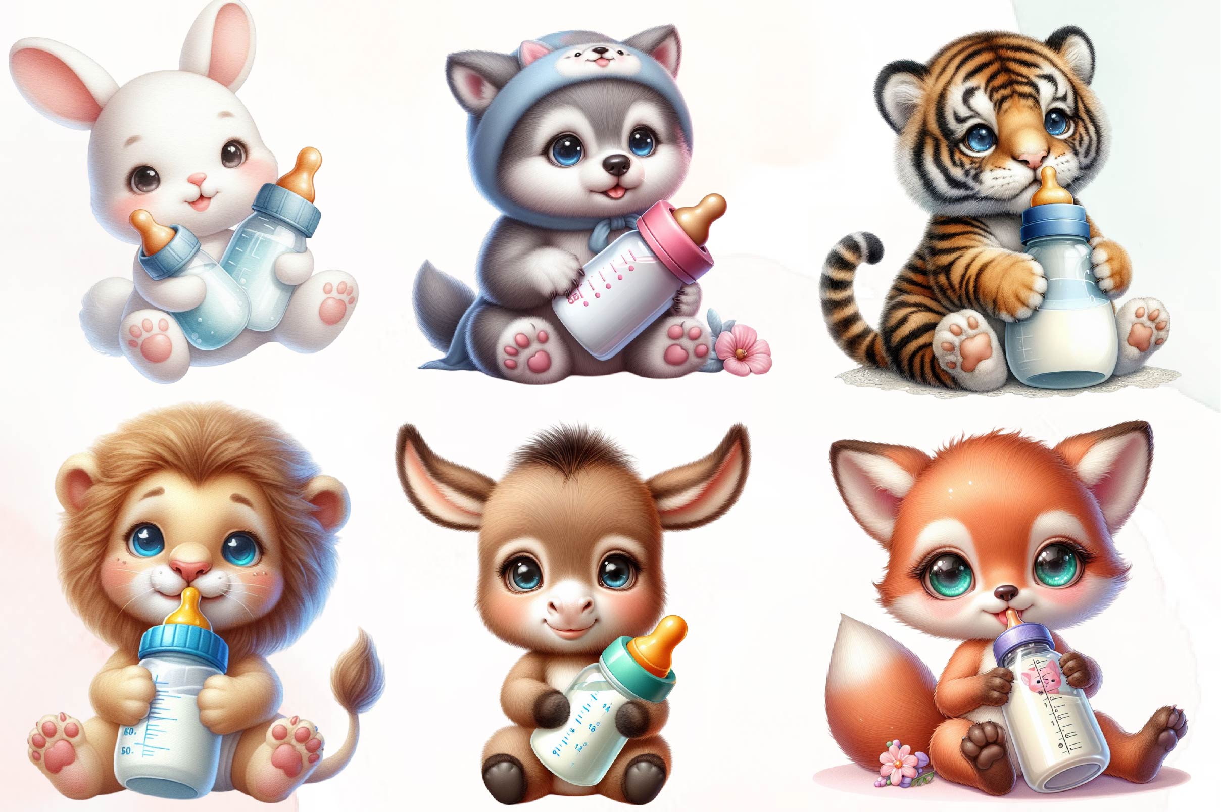 Baby Animals With Milk Bottle Clipart Bundle