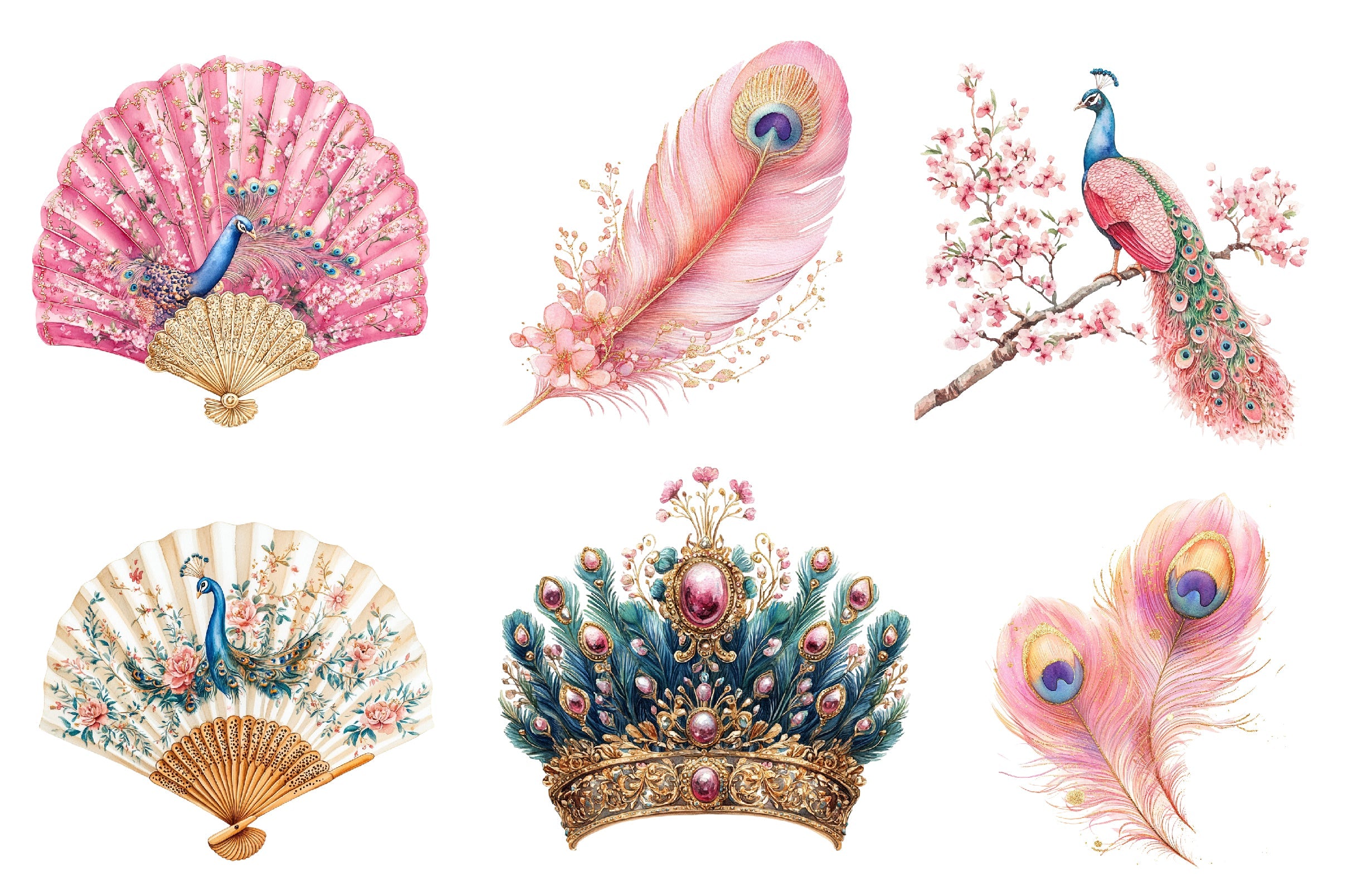Pink Peacocks Garden Clipart Bundle