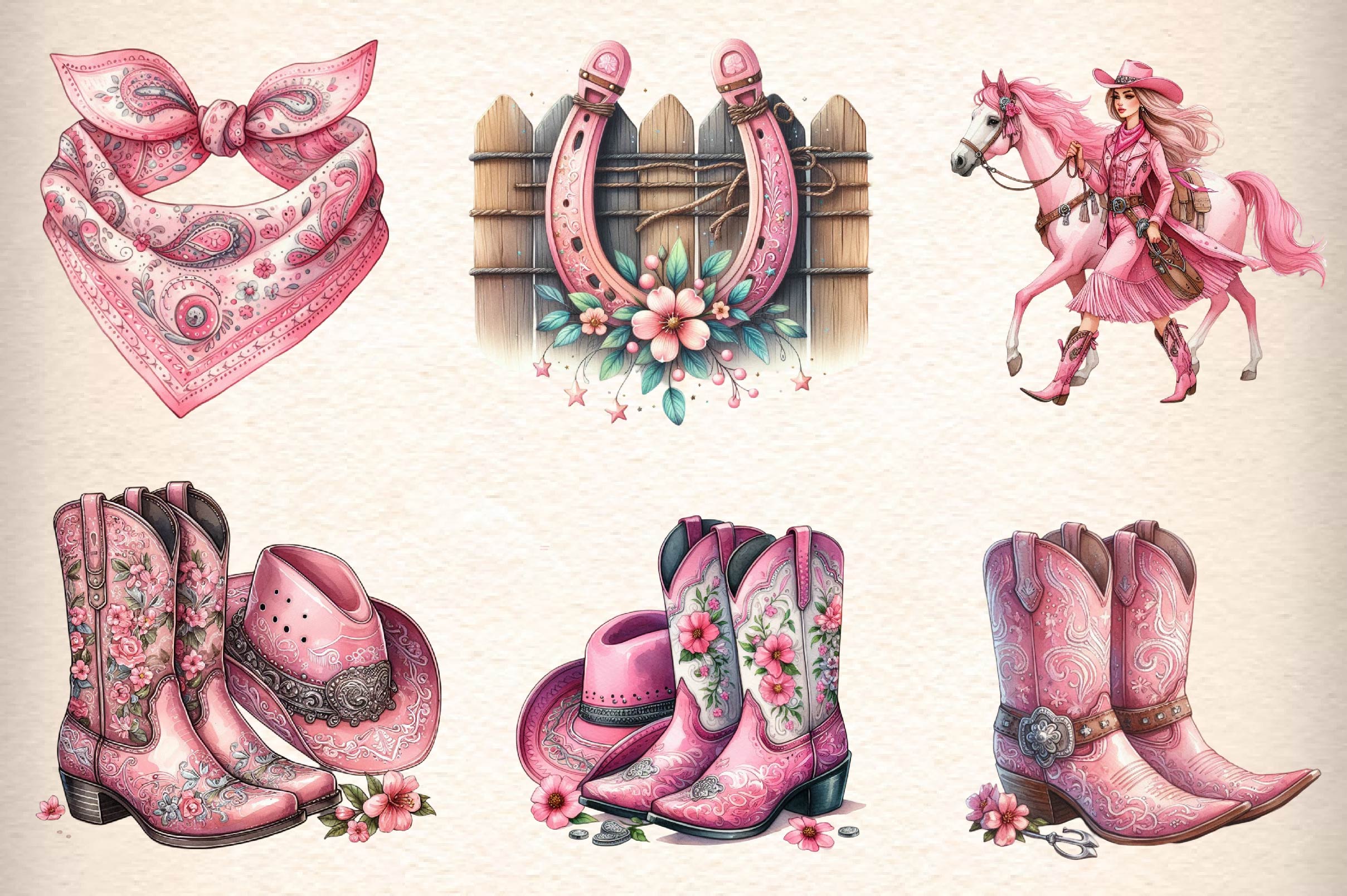 Pink Western Cowgirl Clipart Bundle