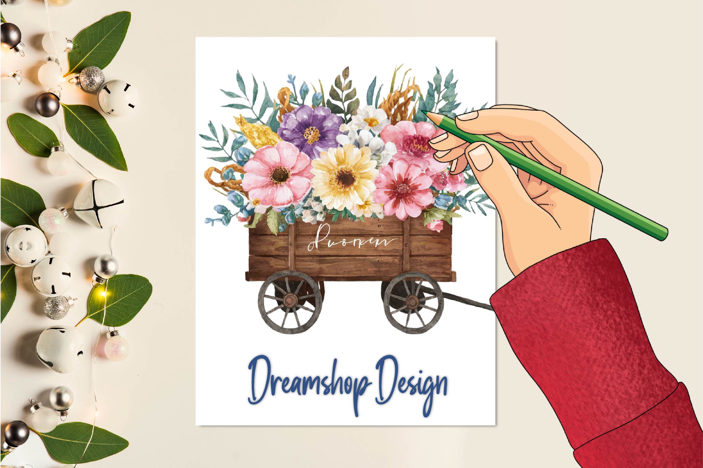 Floral Wooden Wagon Clipart Bundle
