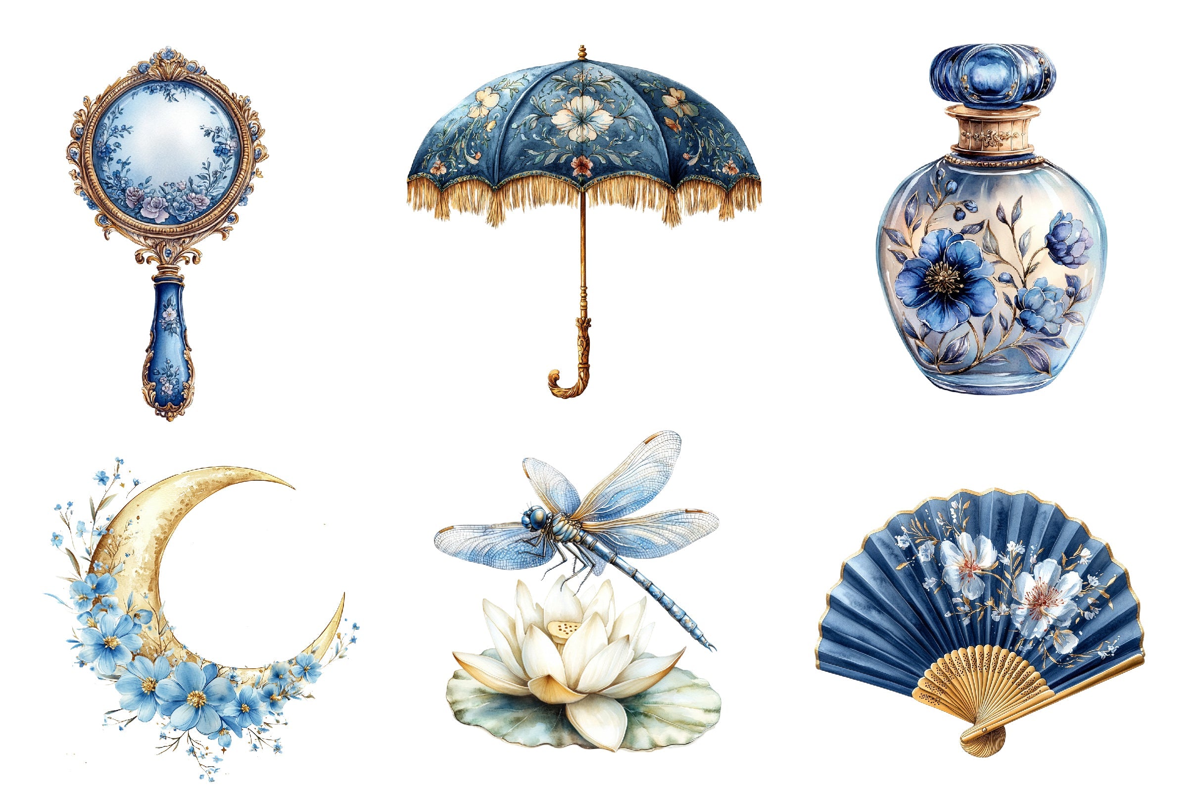 Blue Chinoiserie Summer Clipart Bundle 2