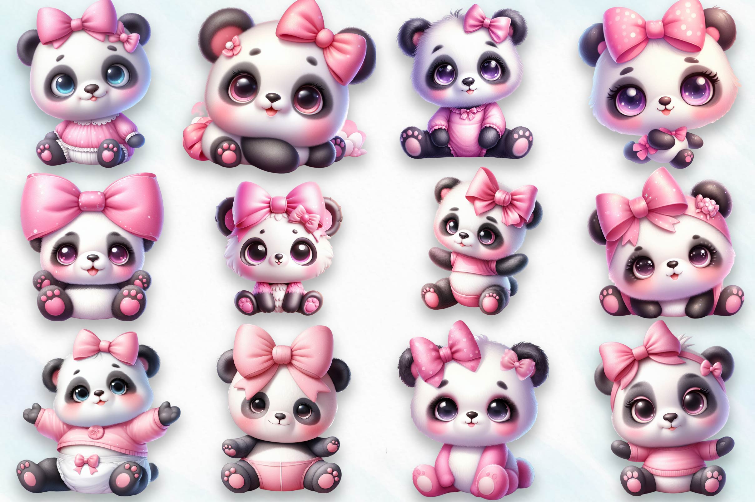 Pink Baby Panda Clipart Bundle