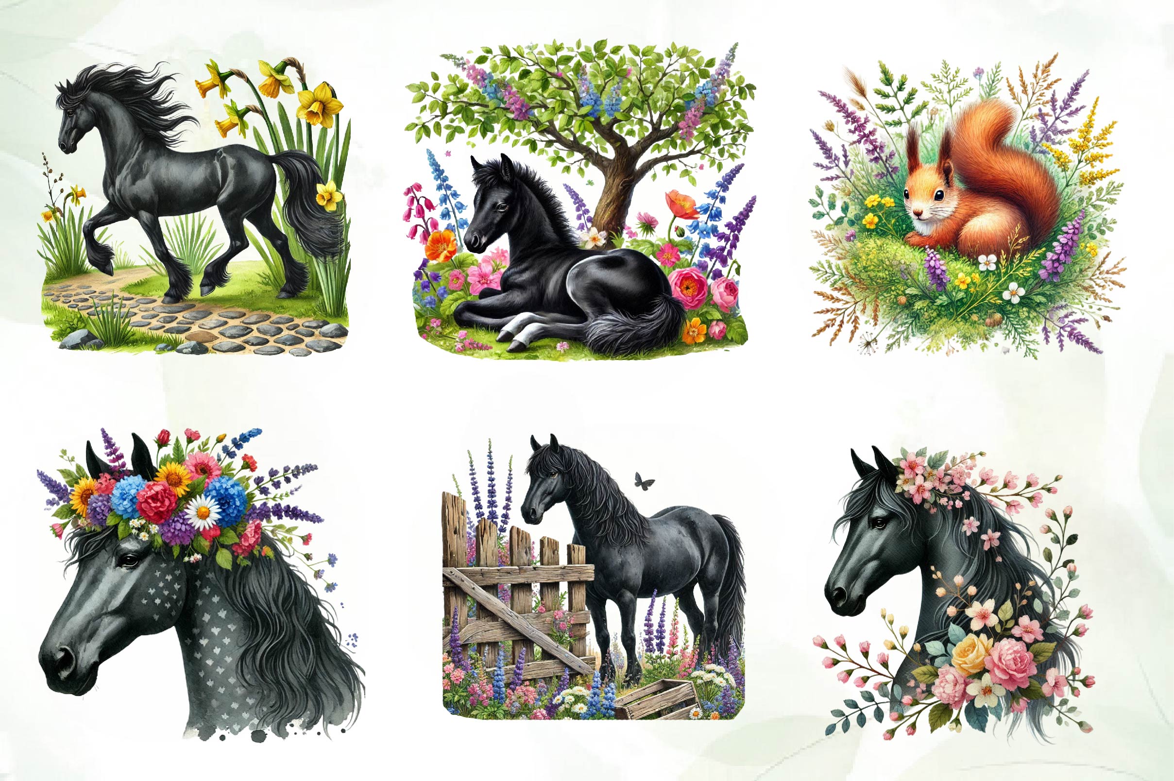 Spring Black Horse Clipart Bundle