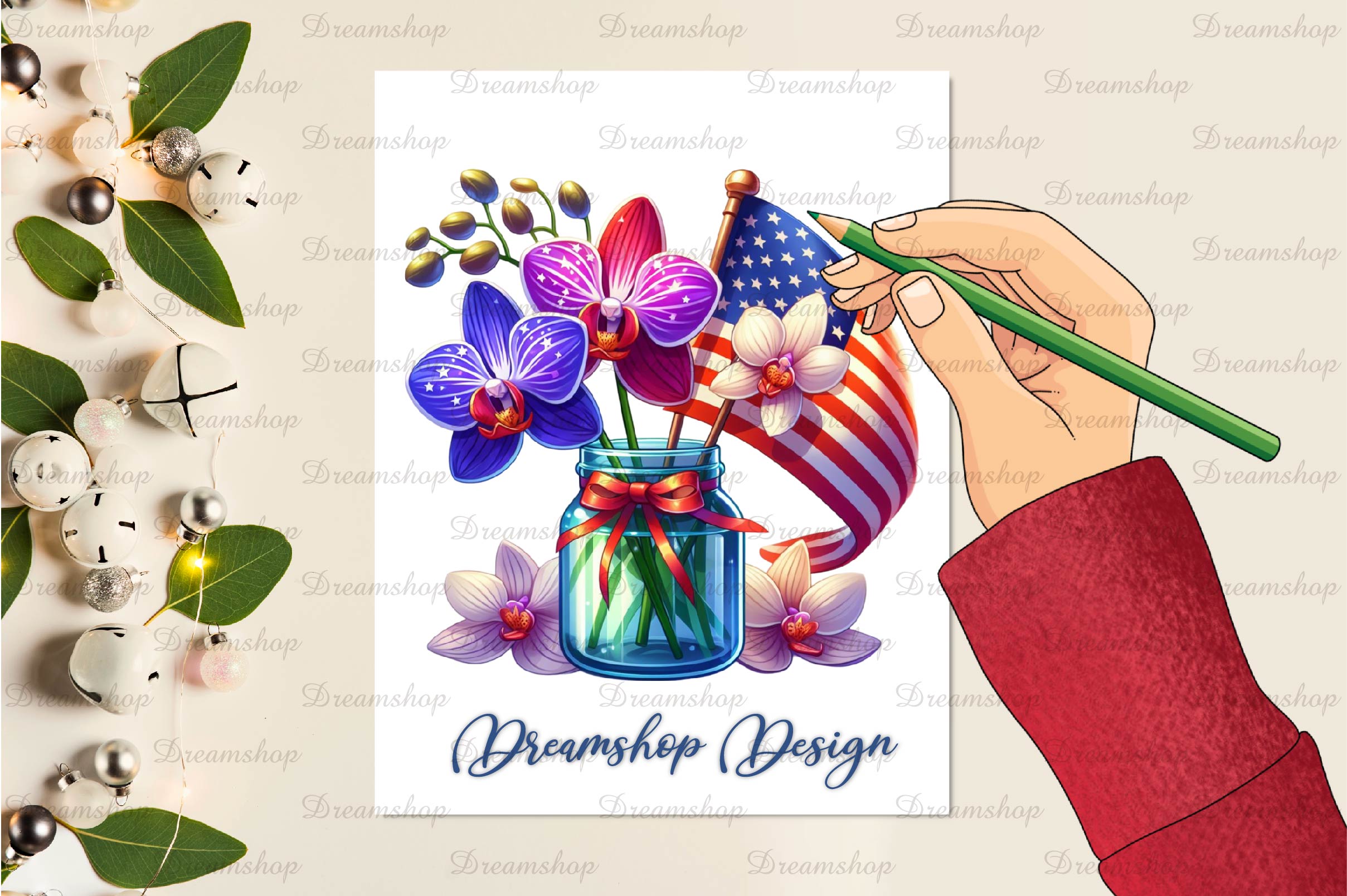 4th Of July Trio Flowers Jar Clipart Bundle