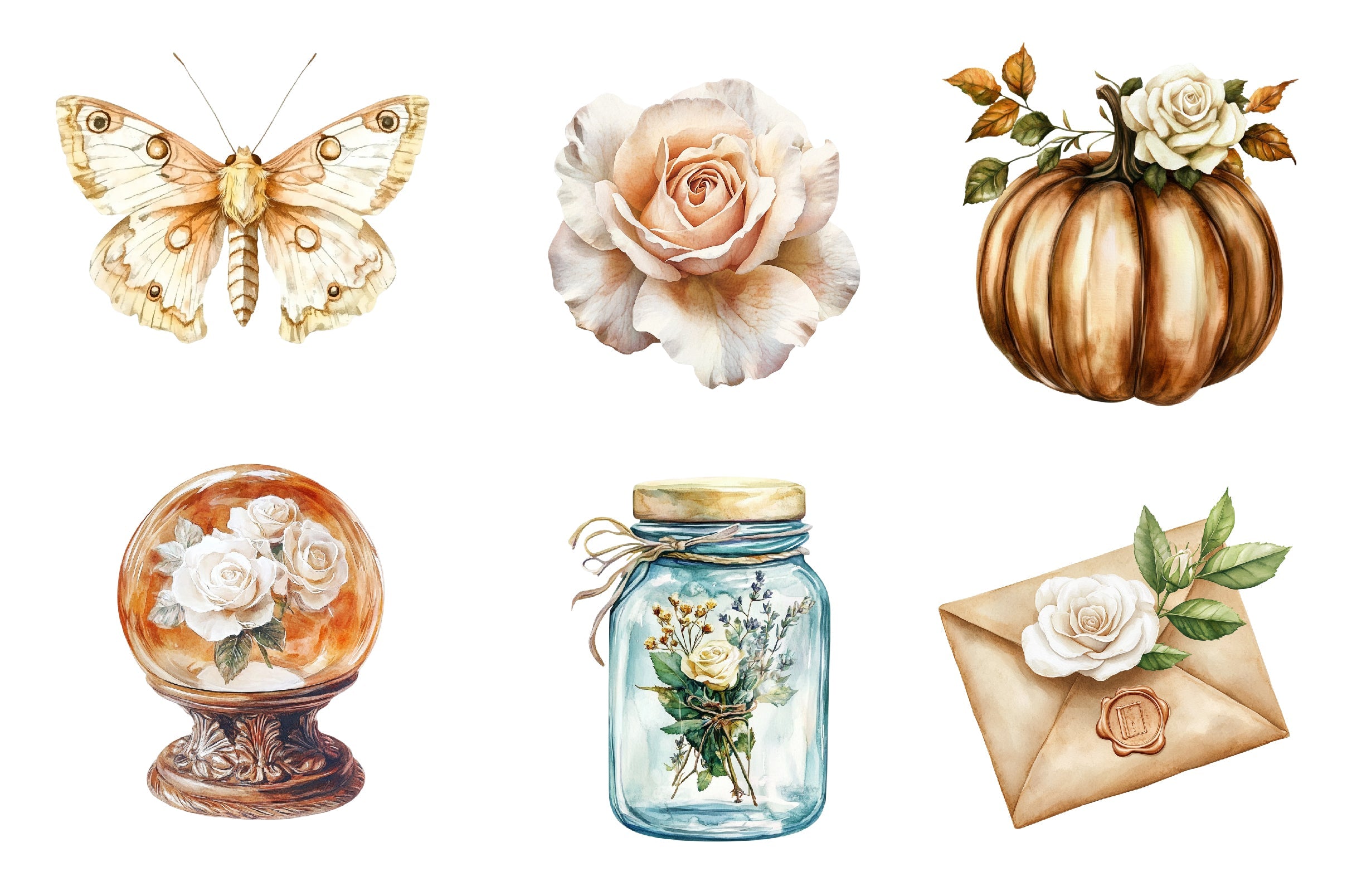 Brown Halloween & White Roses Clipart Bundle