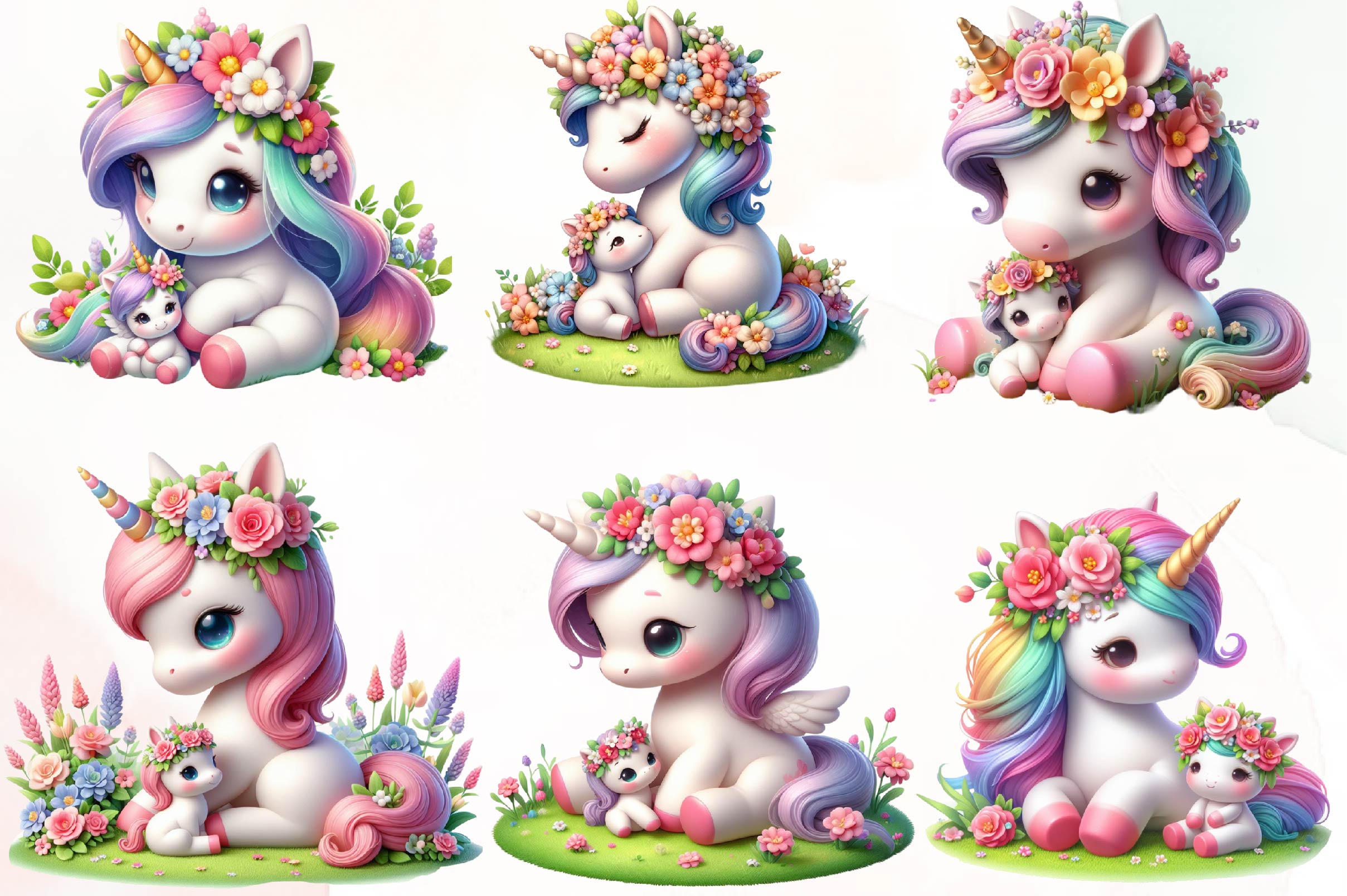 Cute Floral Unicorn Clipart Bundle