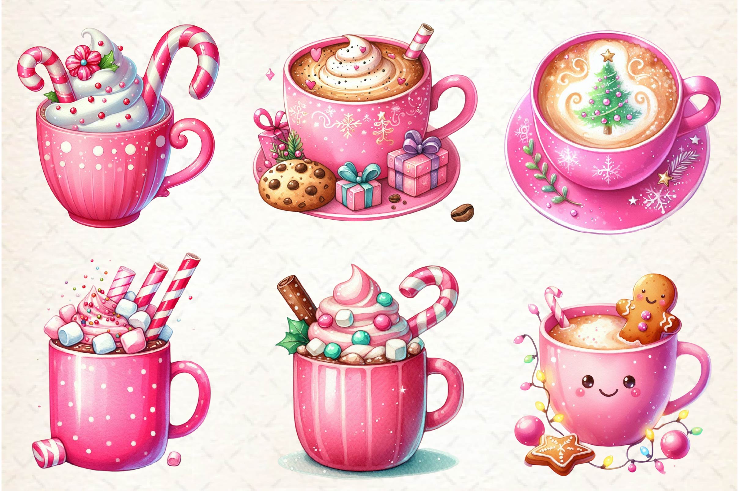 Pink Christmas Coffee Cup Clipart Bundle