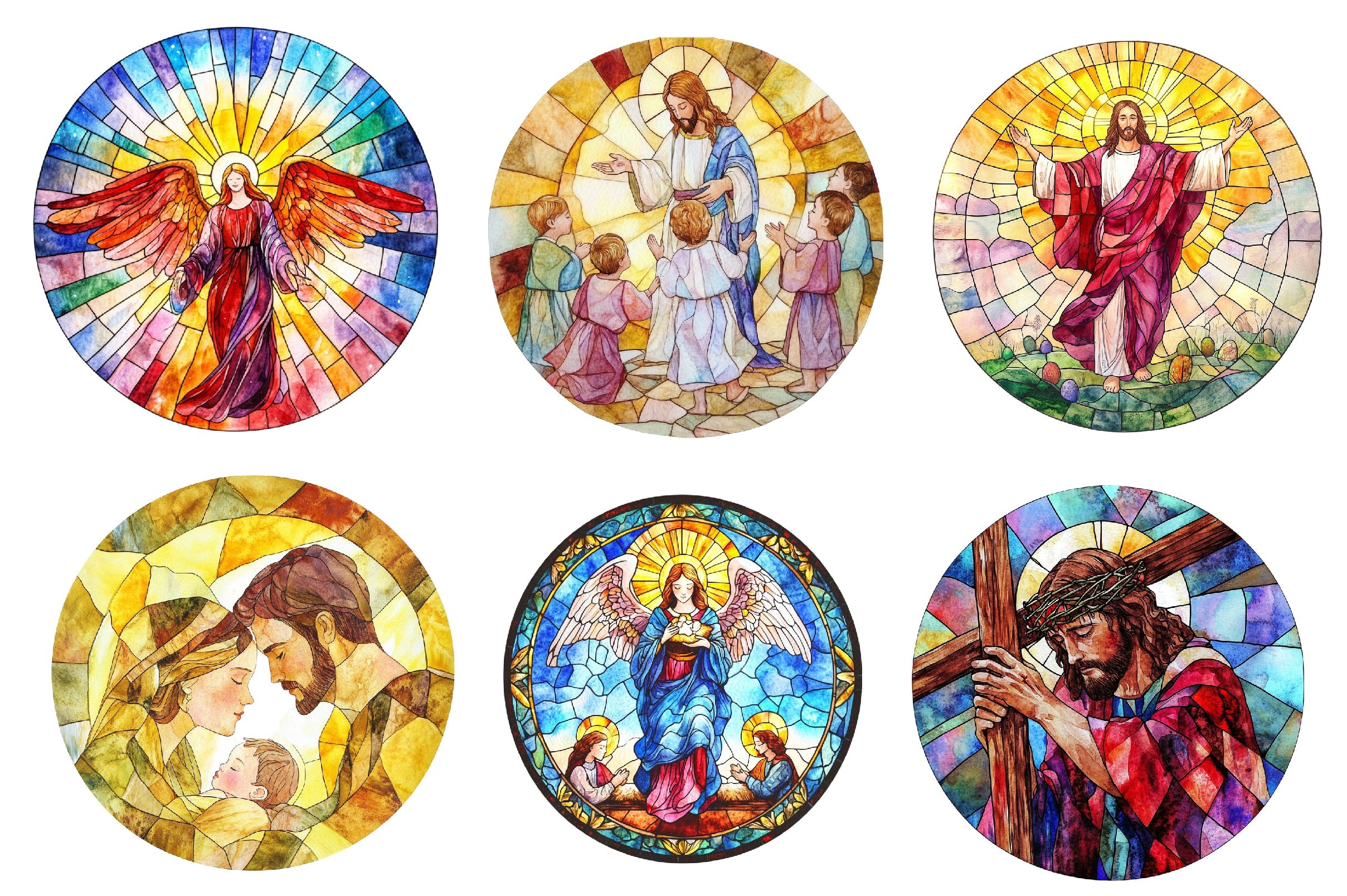Round Stained Glass Easter Nativity Clipart Bundle