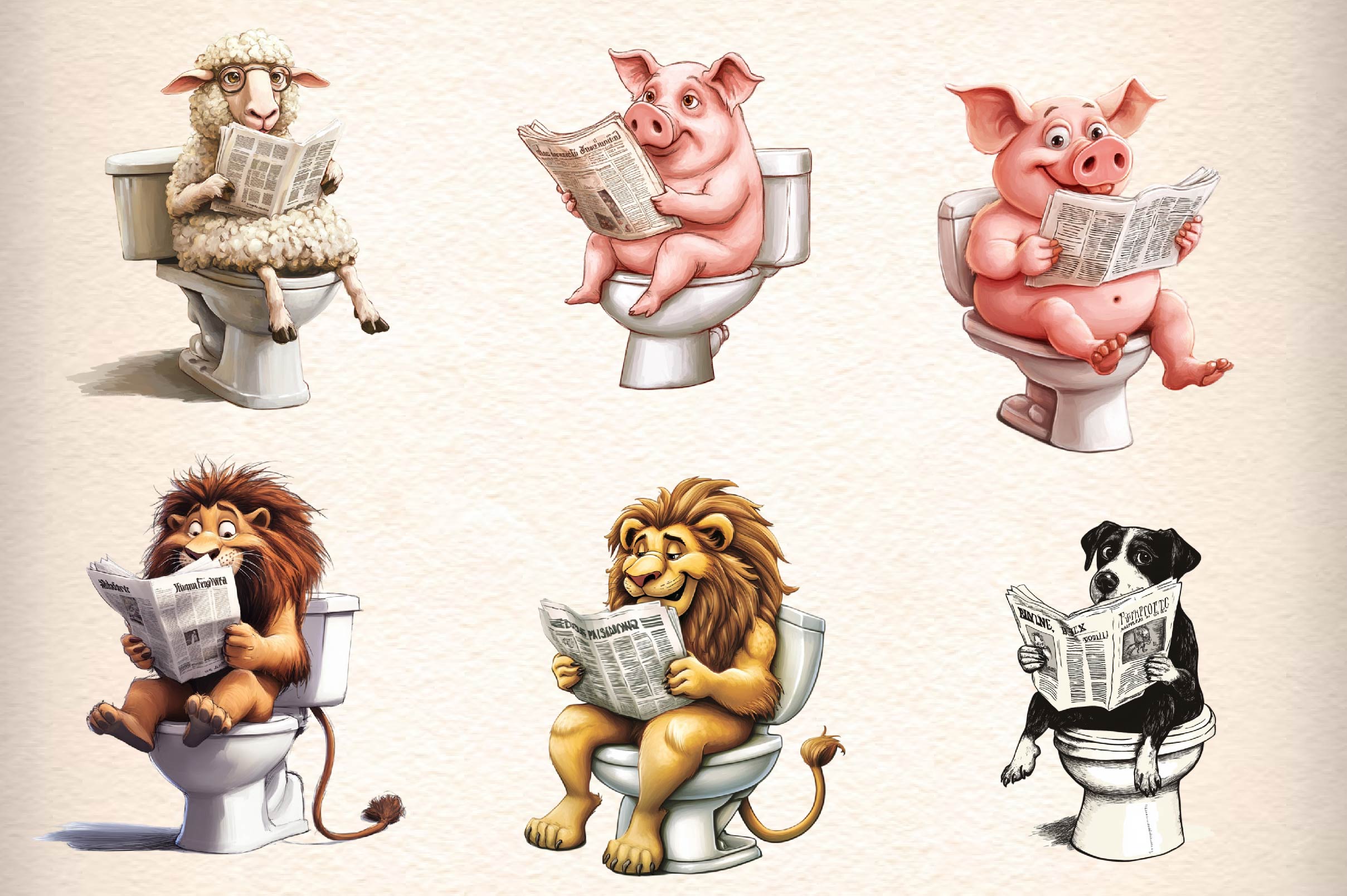 Funny Animal On Toilet Clipart Bundle