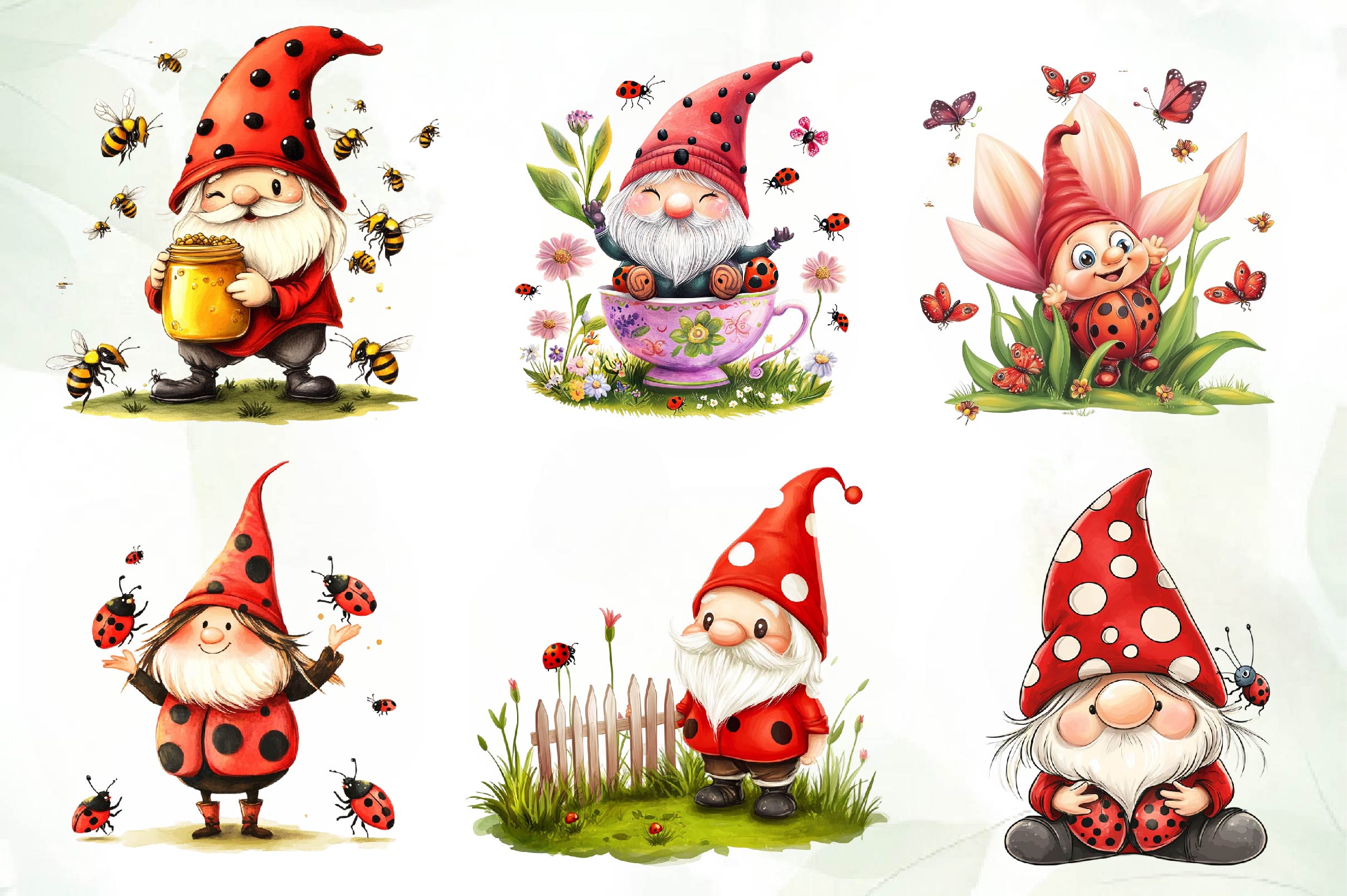 Lady Bug Gnomes Set Clipart Bundle