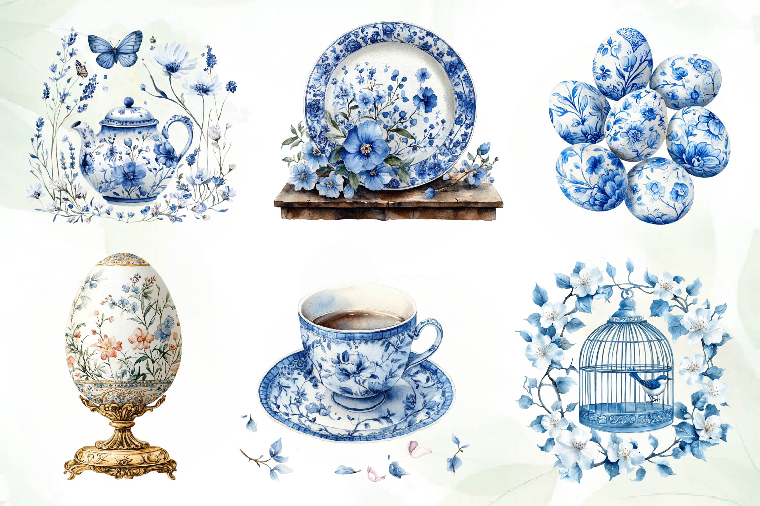 Blue Chinoiserie Spring Clipart Bundle