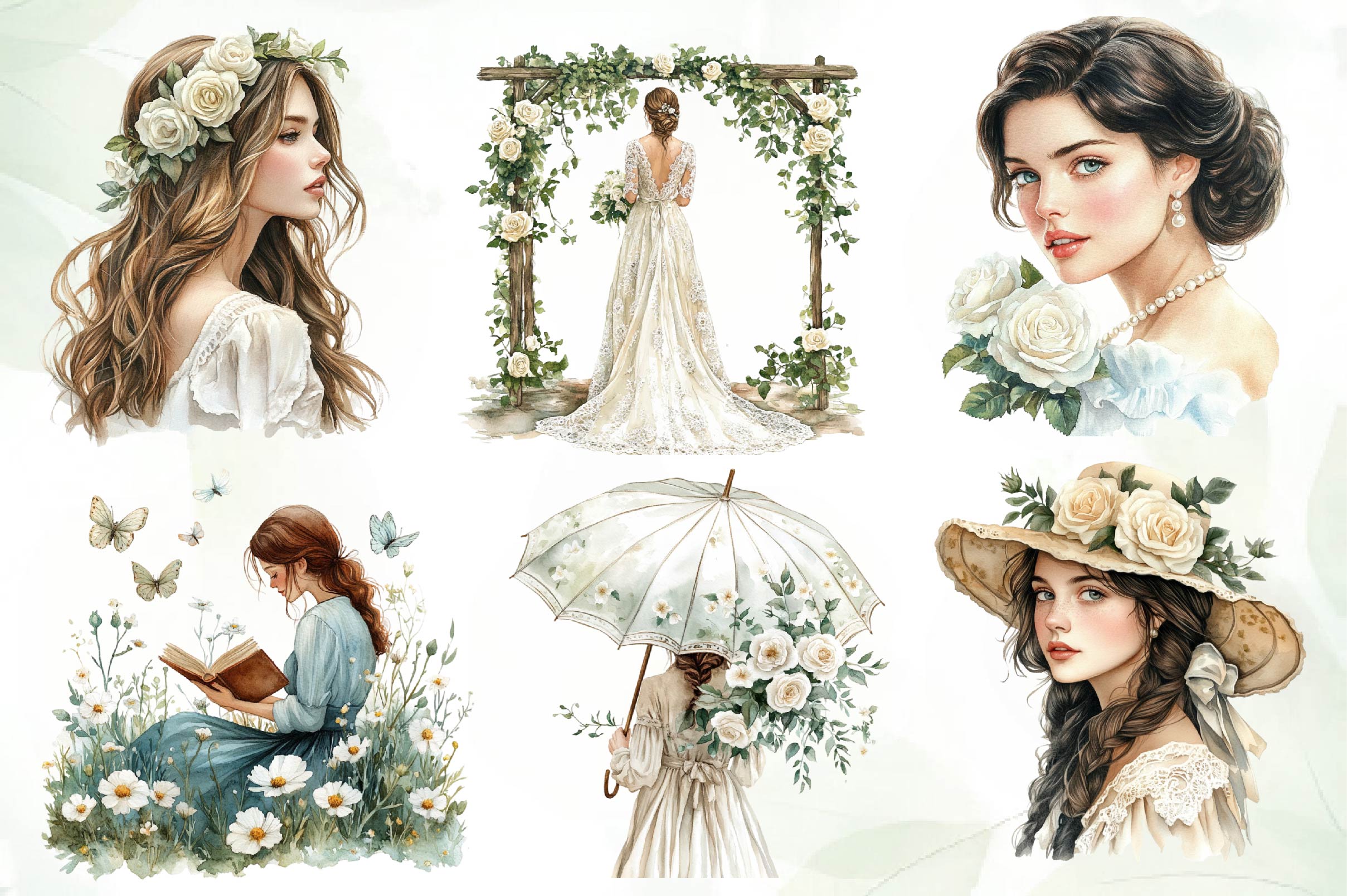 Spring White Roses And Woman Clipart Bundle