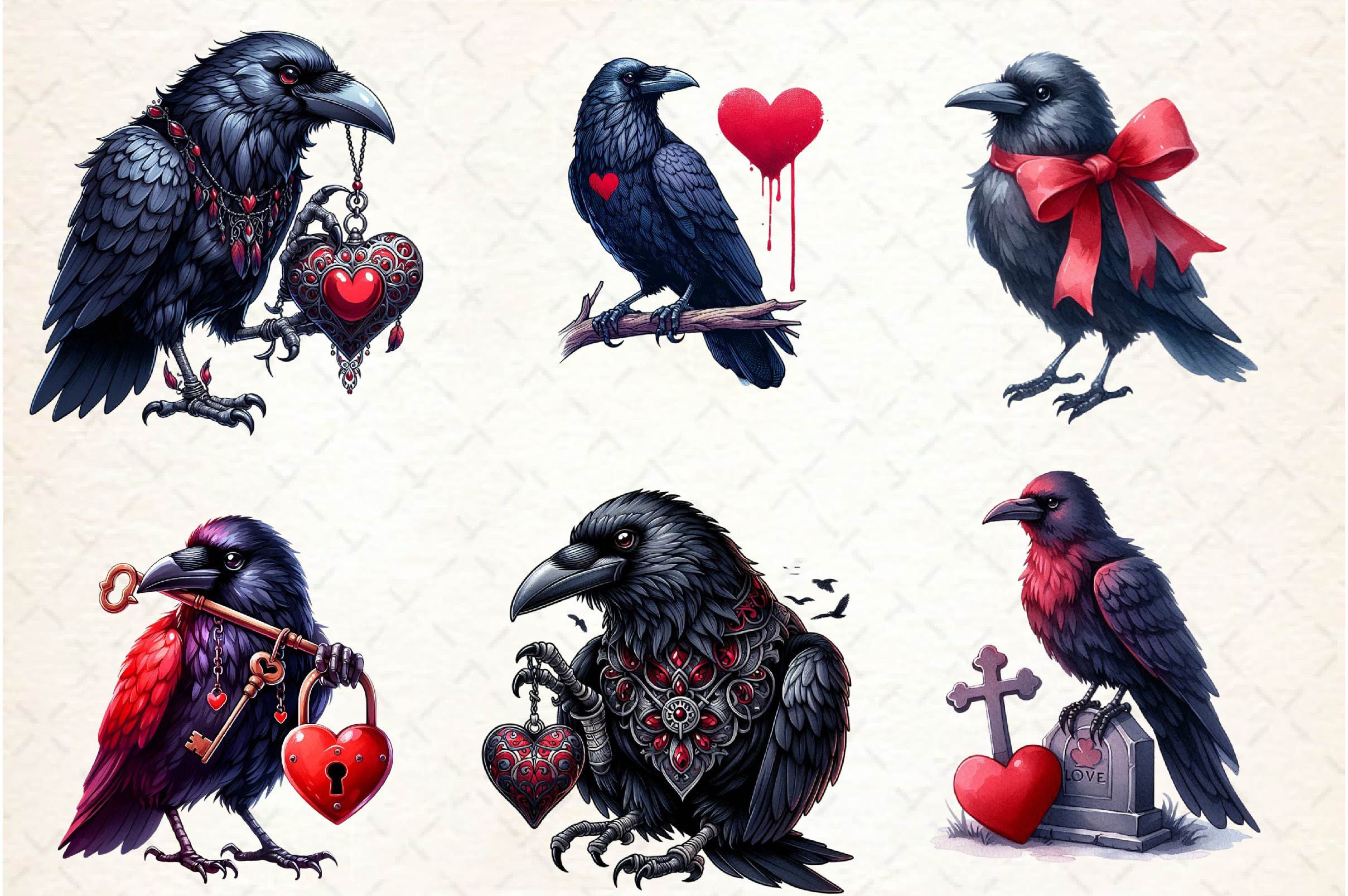 Valentine Gothic Ravens Clipart Bundle