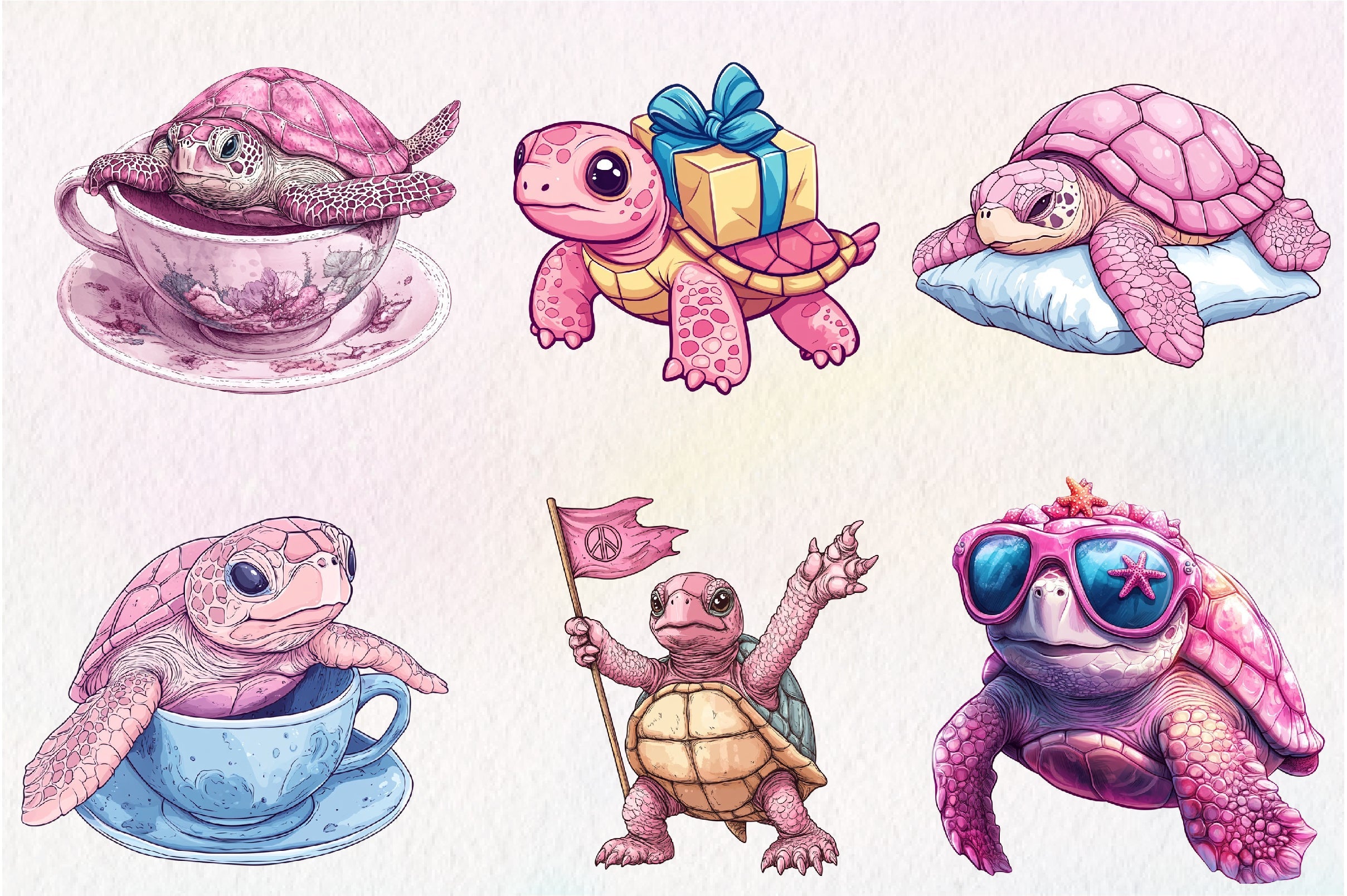 Pink Sea Turtle Clipart Bundle