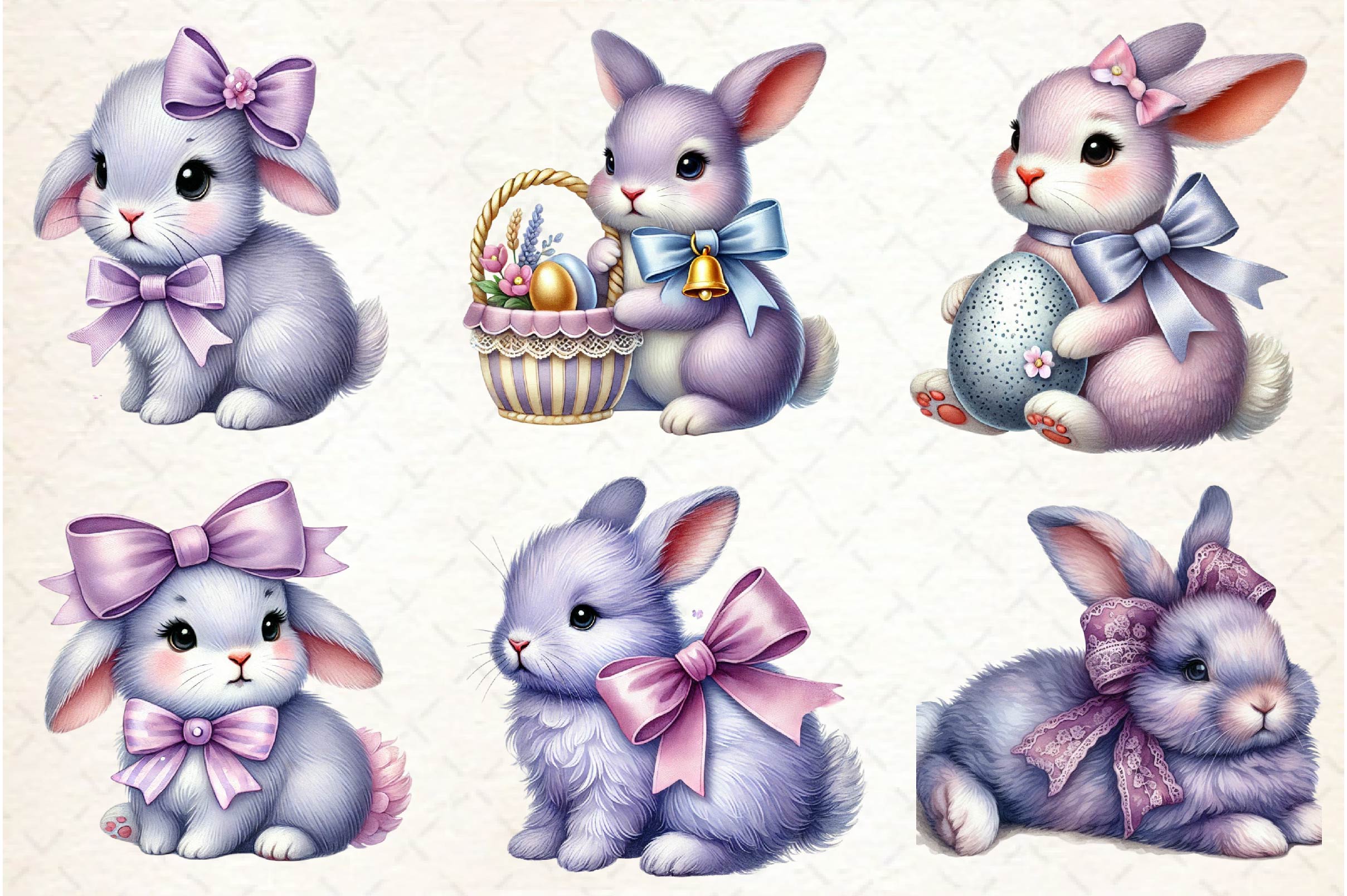 Cute Purple Easter Bunny With Bow Clipart Bundle