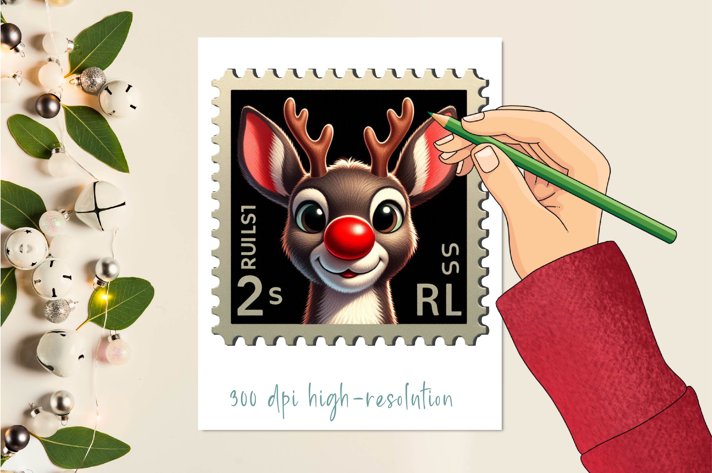 Christmas Reindeer Postage Stamps Clipart Bundle