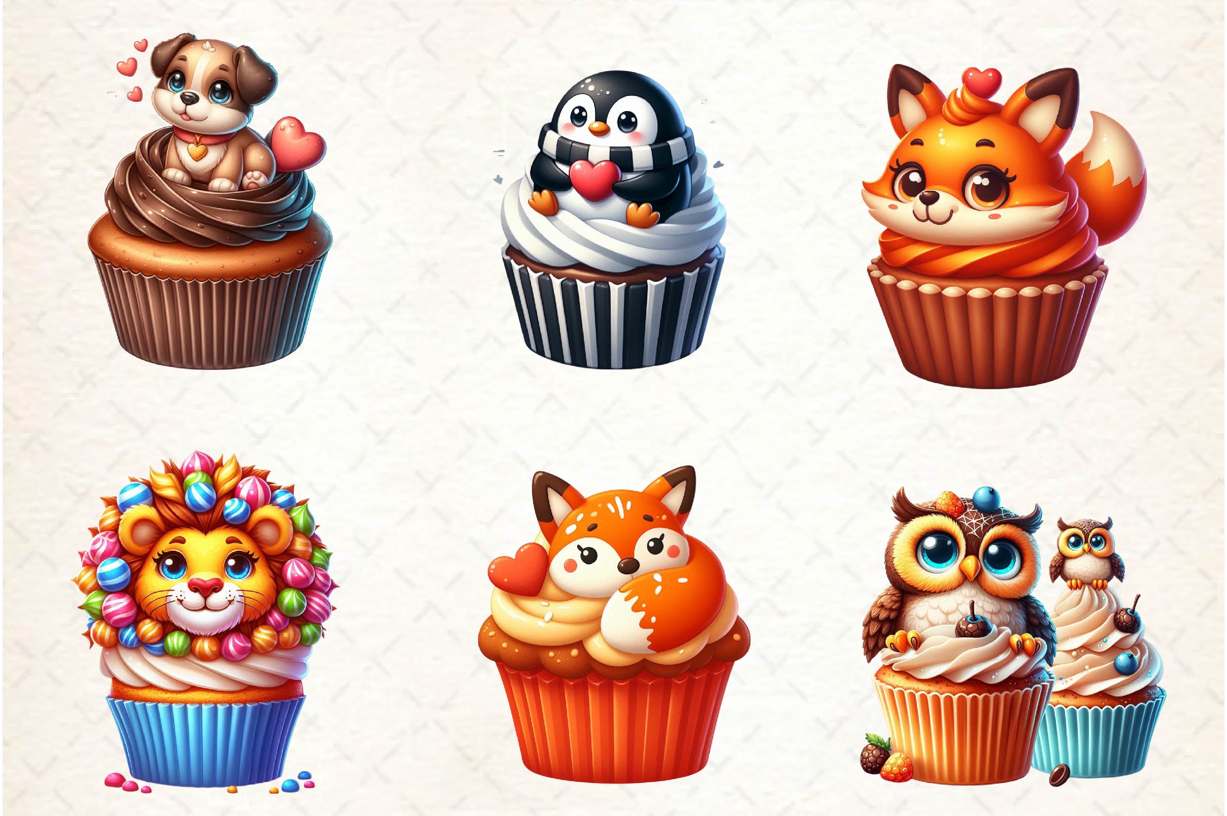Cute Valentine Animal Cupcake Clipart Bundle
