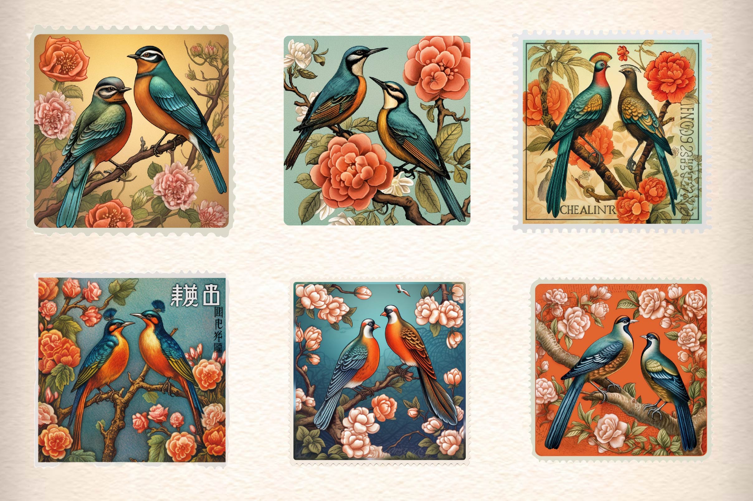 Asian Bird Postage Stamps Clipart Bundle