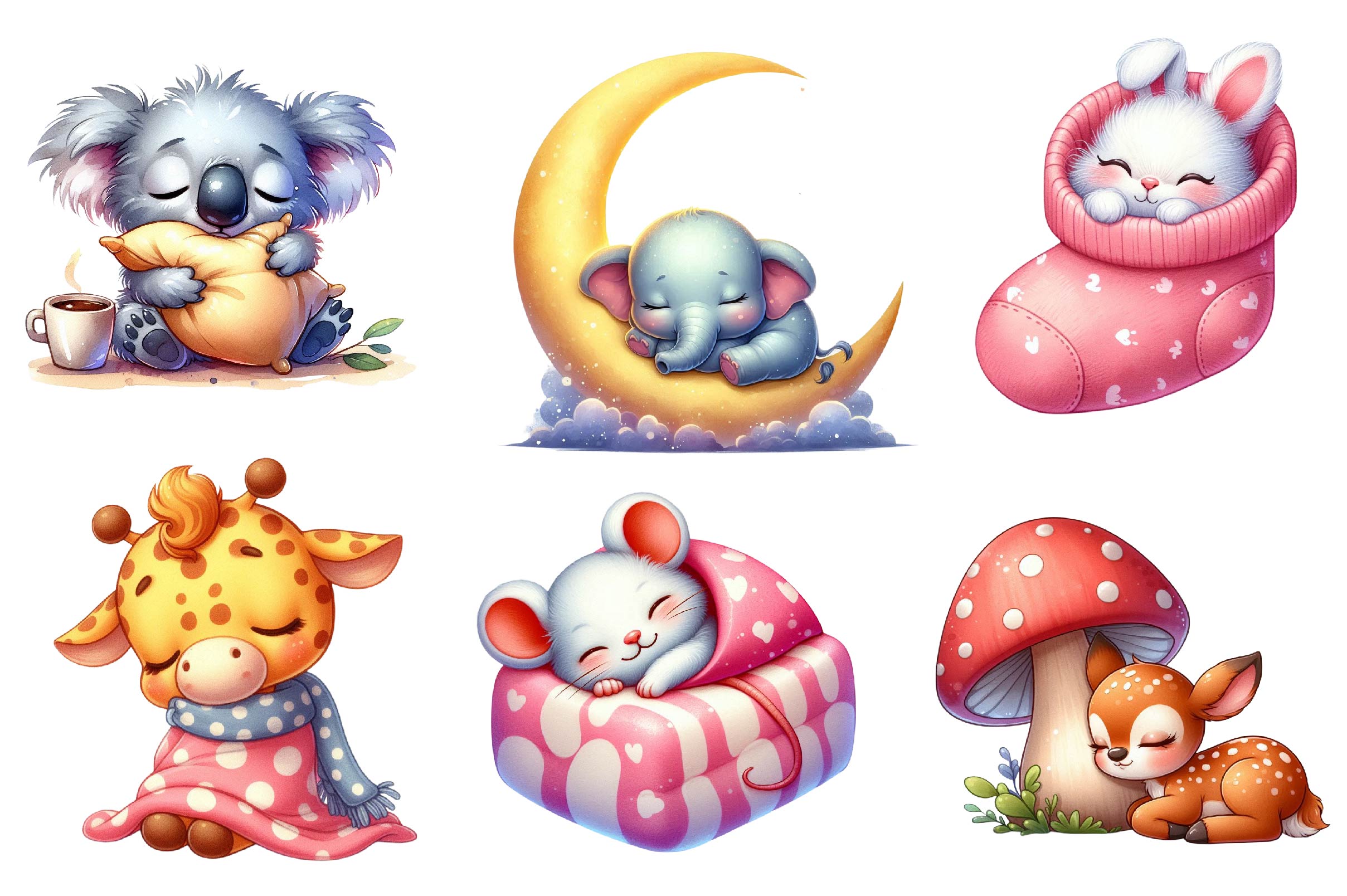 Funny Cartoon Sleepy Quirky Animals Clipart Bundle 1