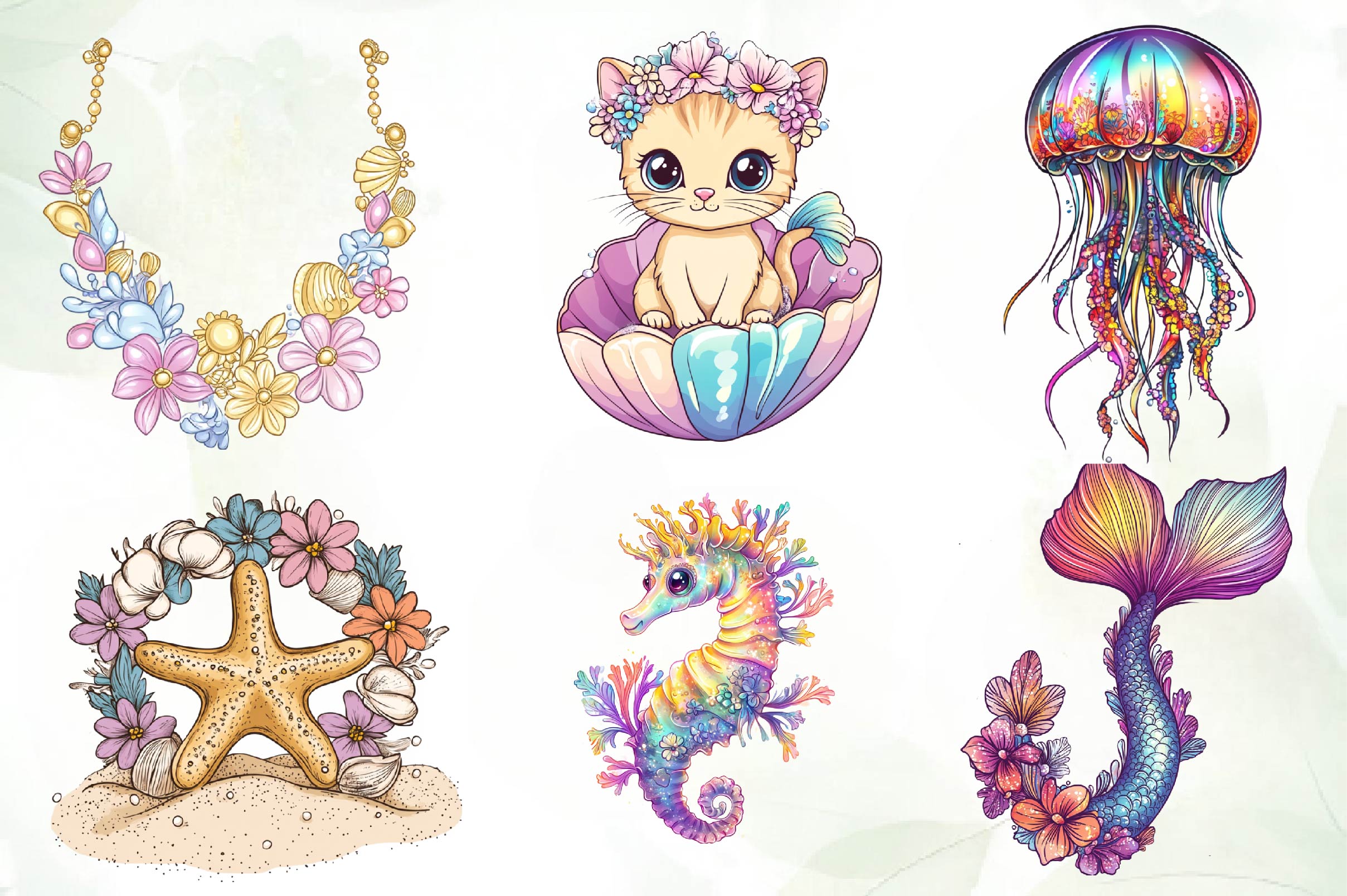 Seashell Mermaid Flower Clipart Bundle